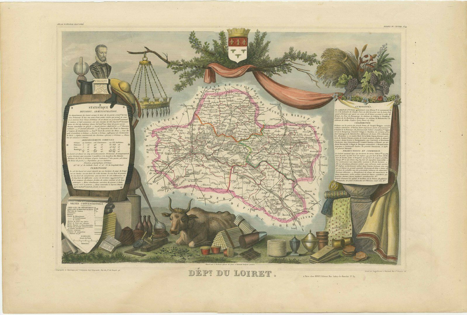 Hand Colored Antique Map Of The Department Of Loiret, France