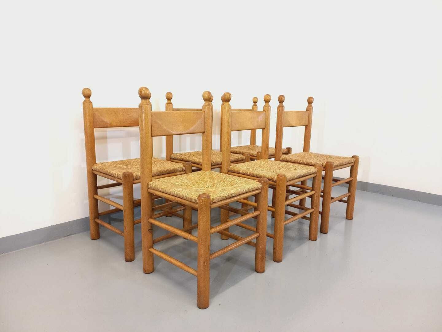 6 chaises en chêne et paille, années 1960, vintage