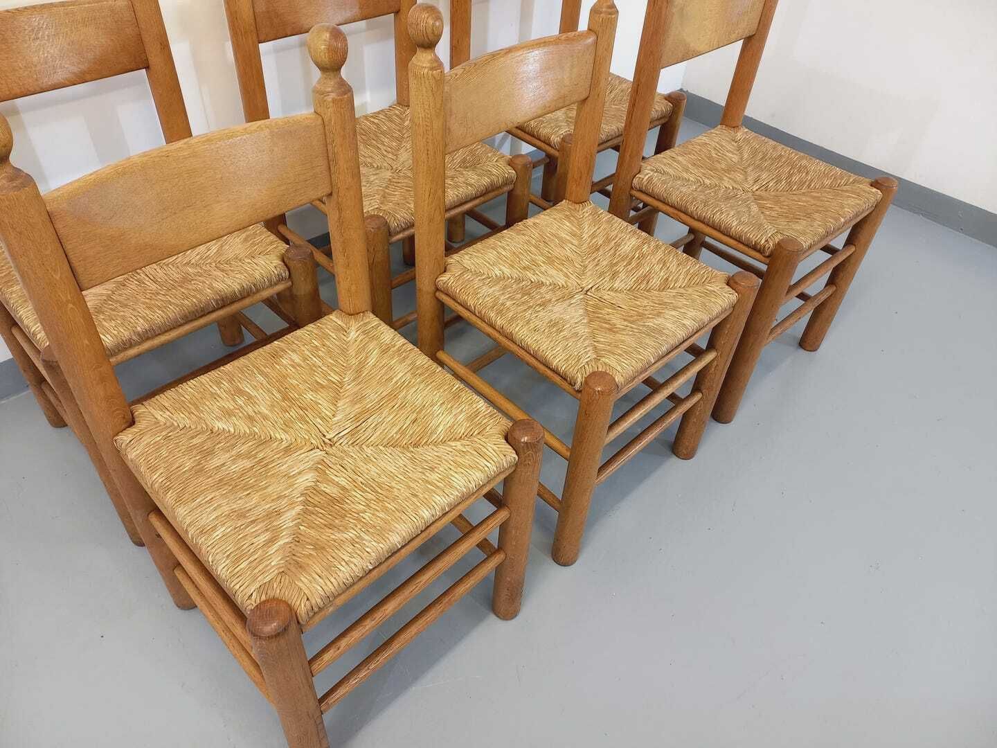 photo furniture 6 chaises en chêne et paille, années 1960, vintage