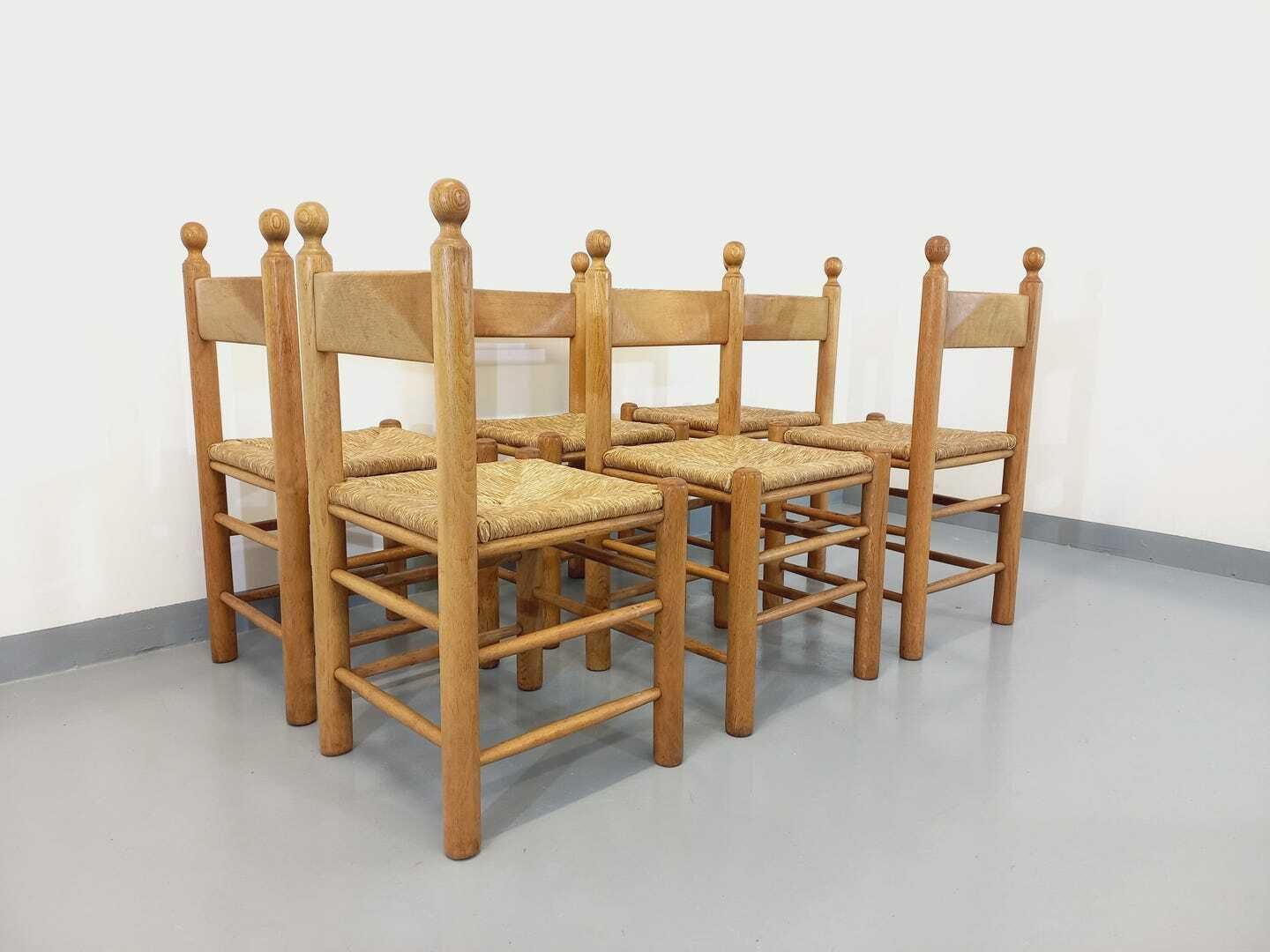 photo vintage 6 chaises en chêne et paille, années 1960, vintage