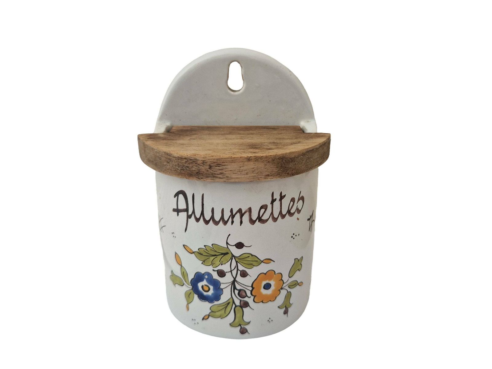 Hand Painted French Pottery Match Box With Folk Art Flowers, Rustic Kitchen Decor photo furniture