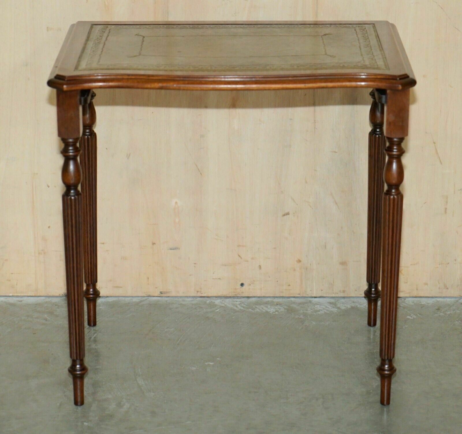 Vintage Serpentine Fronted Green Leather & Mahogany Nest Of Three Tables photo vintage