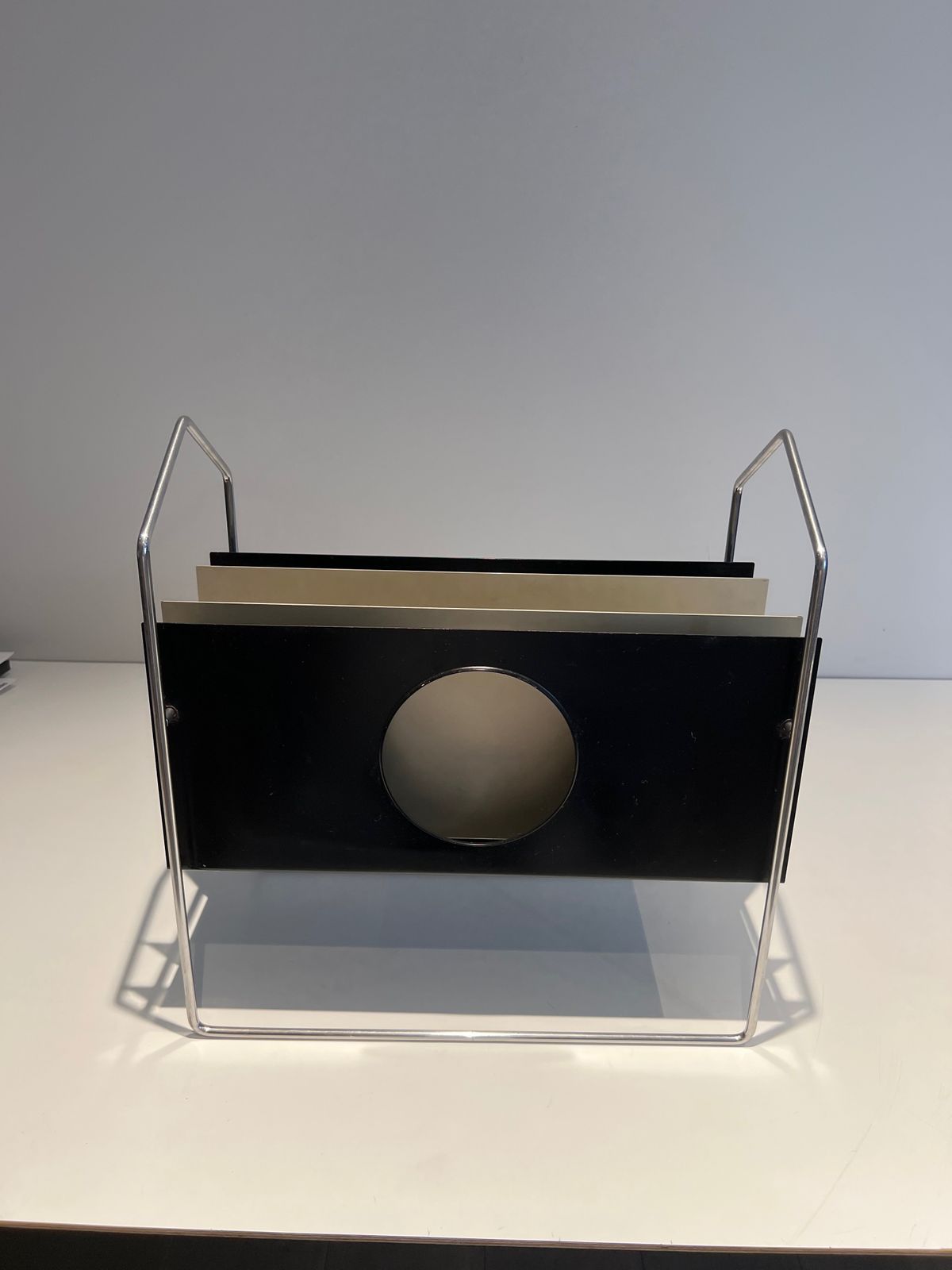 Chrome Design Magazine Rack In Black And White Lacquered Metal photo furniture