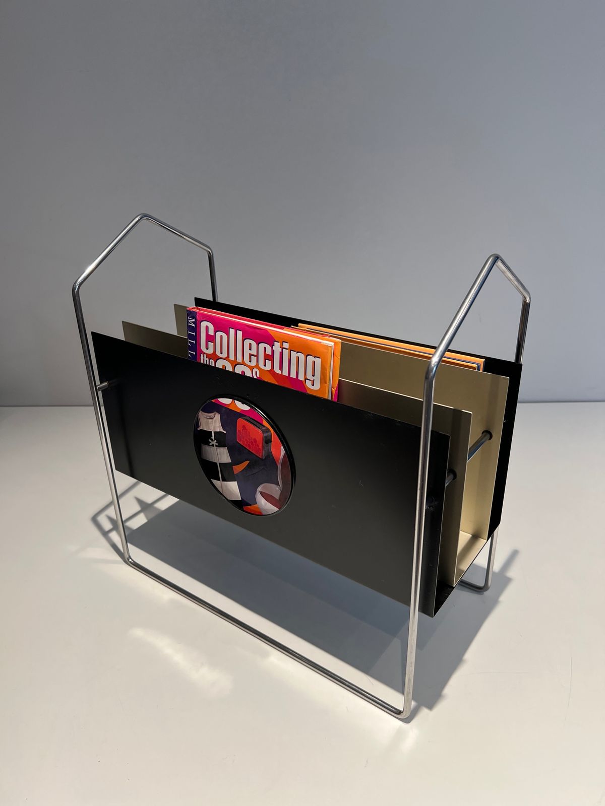 Chrome Design Magazine Rack In Black And White Lacquered Metal photo vintage