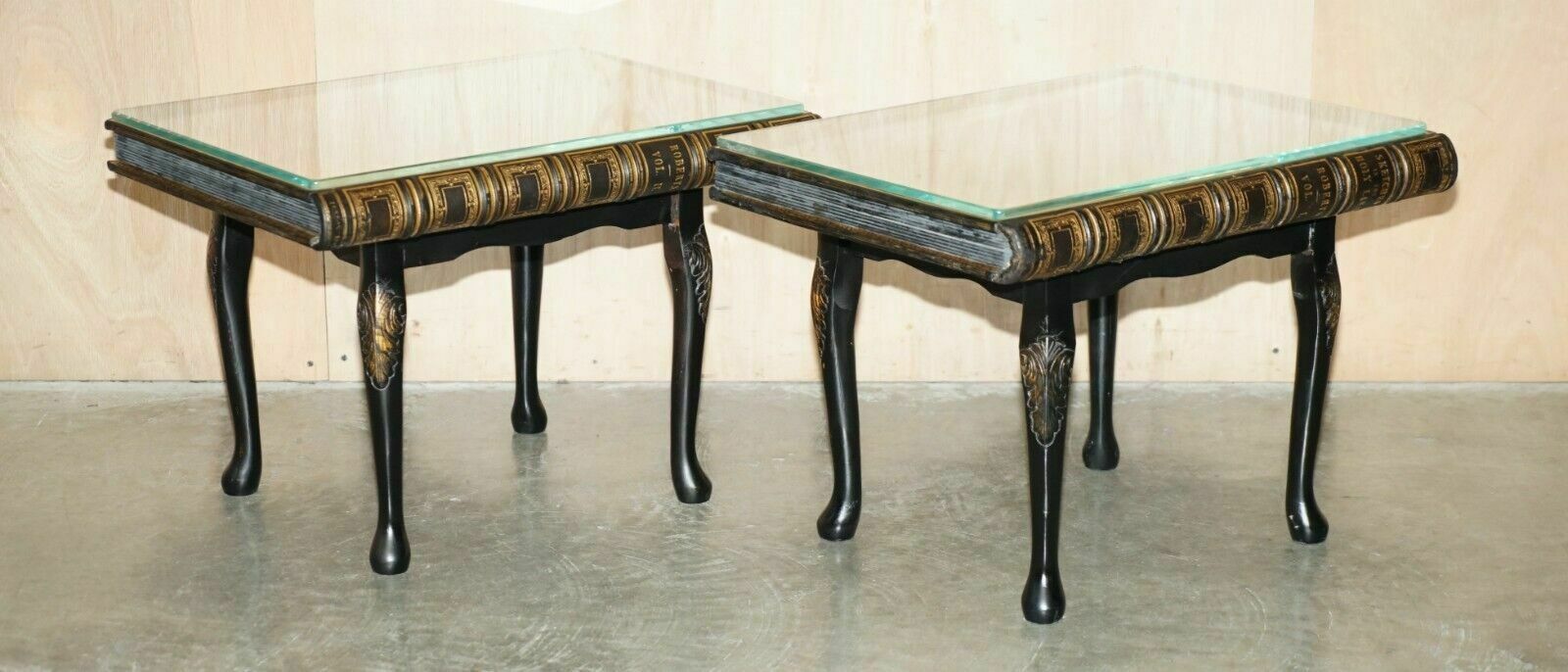 Pair Of Faux Book Topped Side End Lamp Wine Tables On Elegant Cabriole Legs photo furniture
