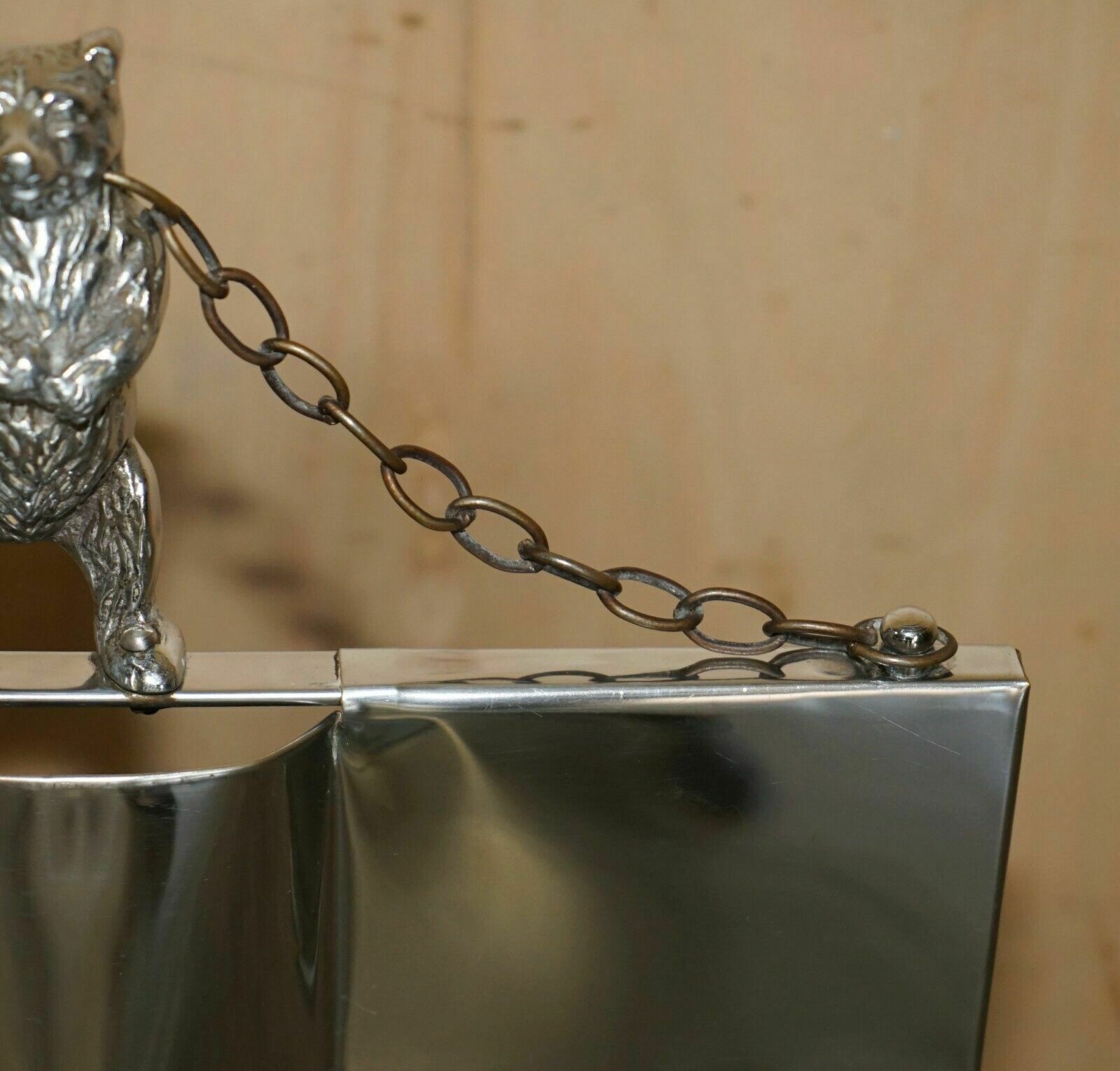 Art Deco Antique Circa 1920's Polished Chrome Fire Guard Screen With Bear On Top photo vinterior