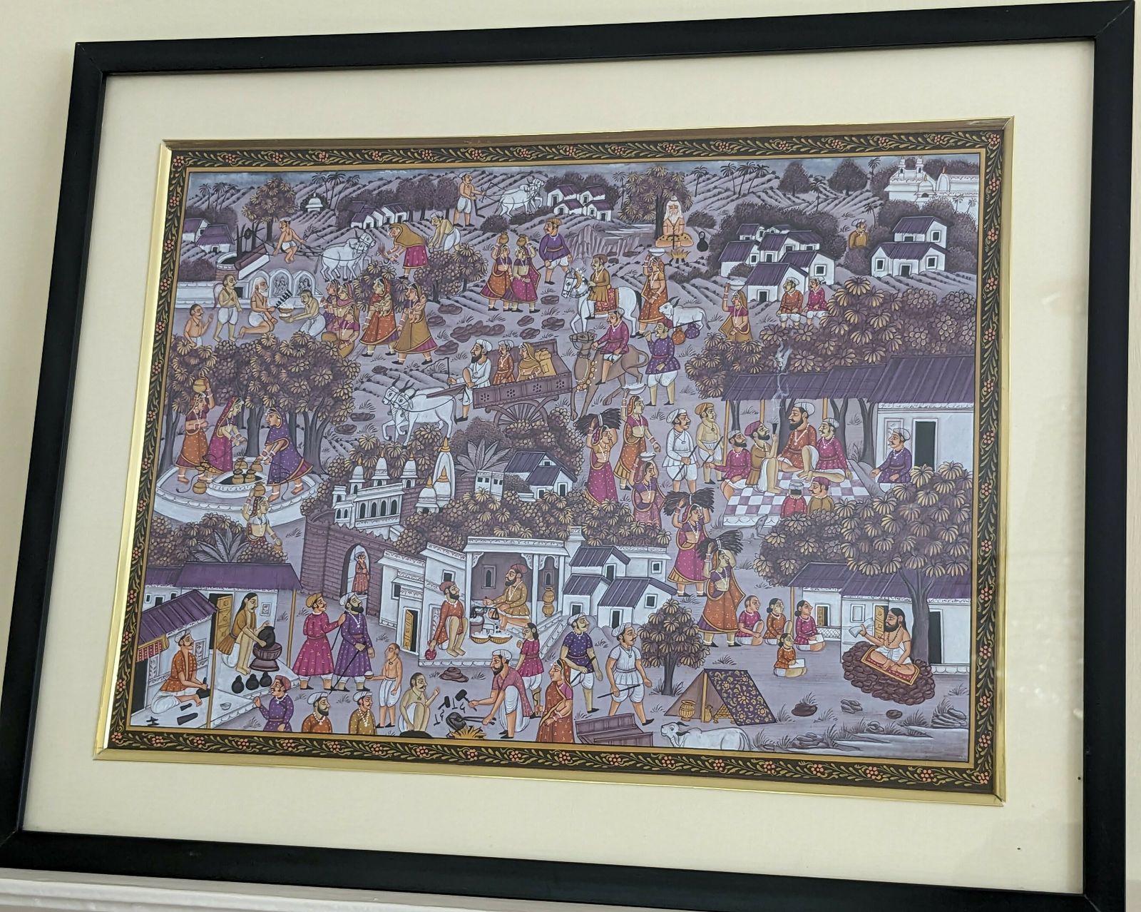 Vintage Framed Miniature Painting Of Rajasthan Village Life photo for sale