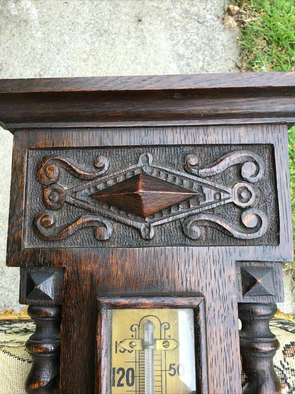 Early 20th C Carved Oak Barley Twist Barometer / Thermometer photo for sale