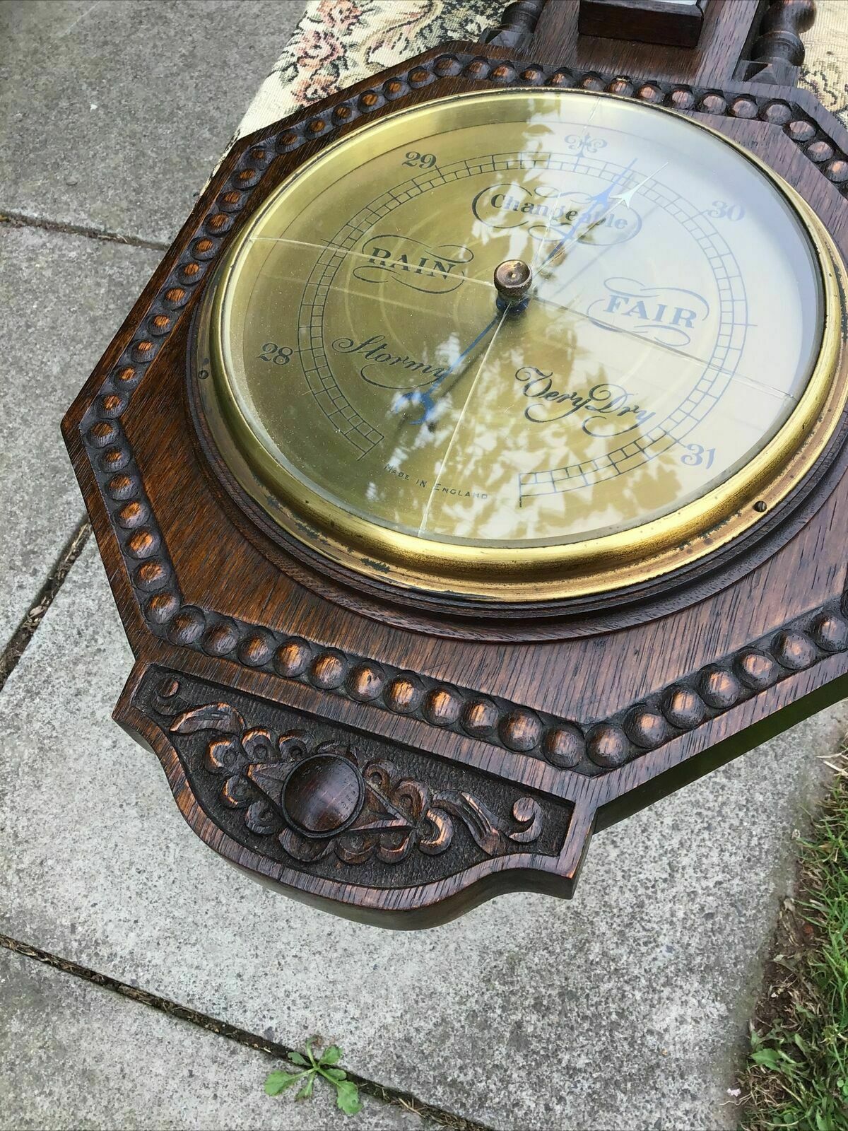 Early 20th C Carved Oak Barley Twist Barometer / Thermometer photo buy