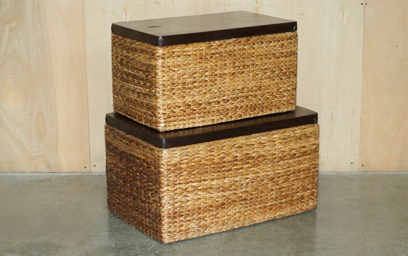 Lovely Pair Of Vintage Wicker Linen Storage Trunks Seats With Solid Wood Tops photo furniture