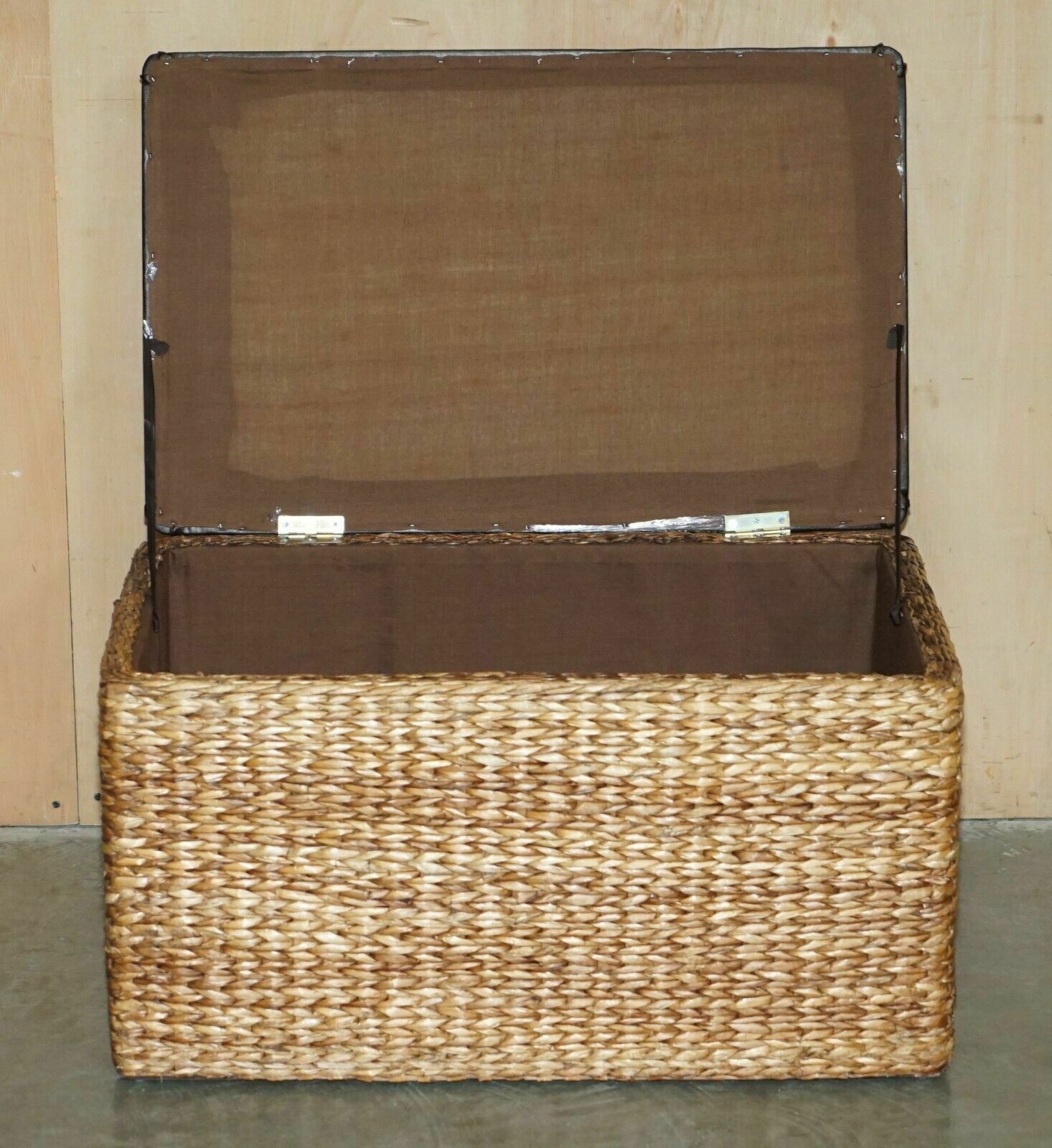 photo buy Lovely Pair Of Vintage Wicker Linen Storage Trunks Seats With Solid Wood Tops