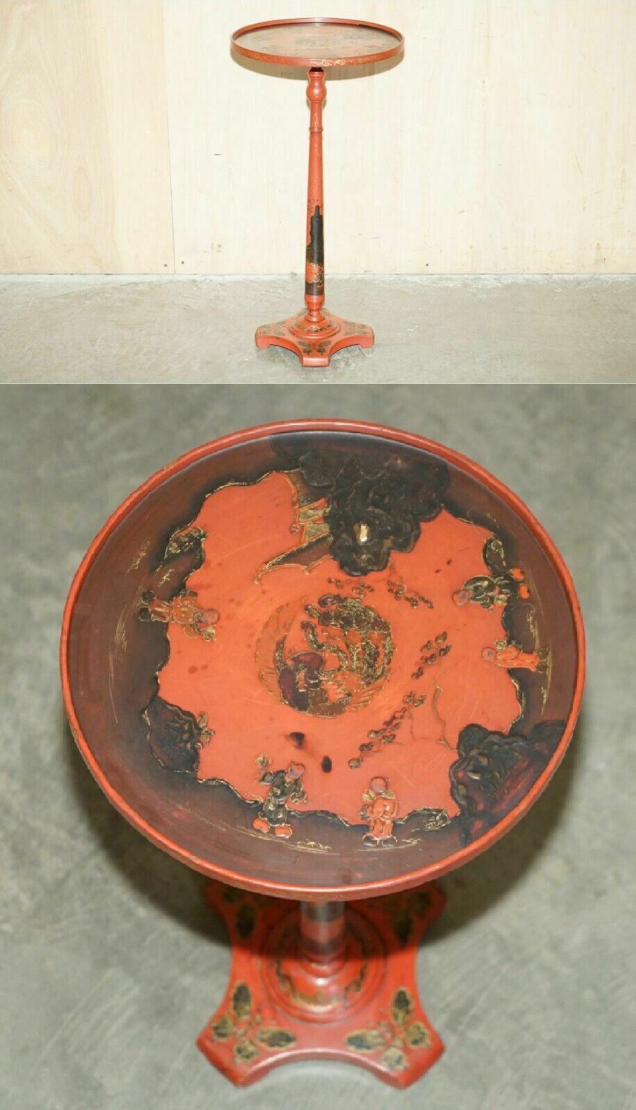 Lovely Antique Chinese Chinoiserie Lacquered & Hand Painted Side Lamp Wine Table