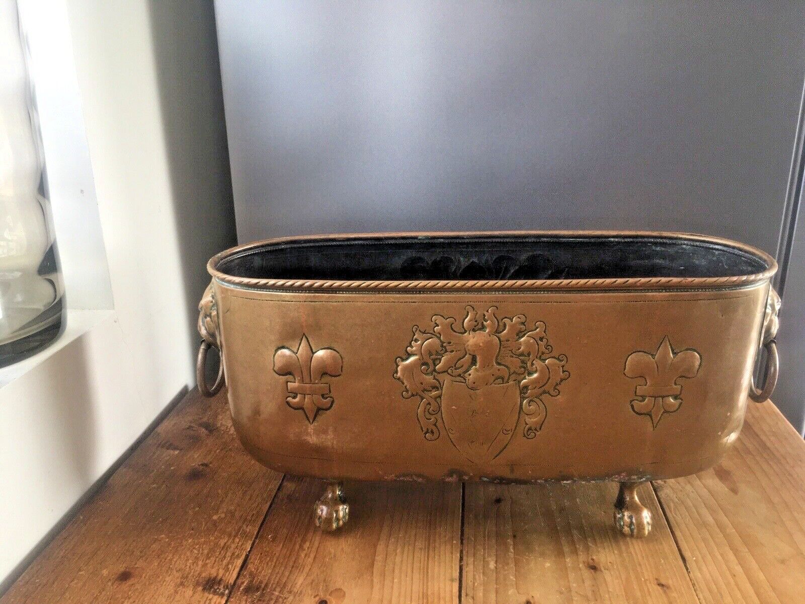 Antique French Armorial Brass Planter Plant Pot Lion Head Mask Handles Claw Ball photo furniture