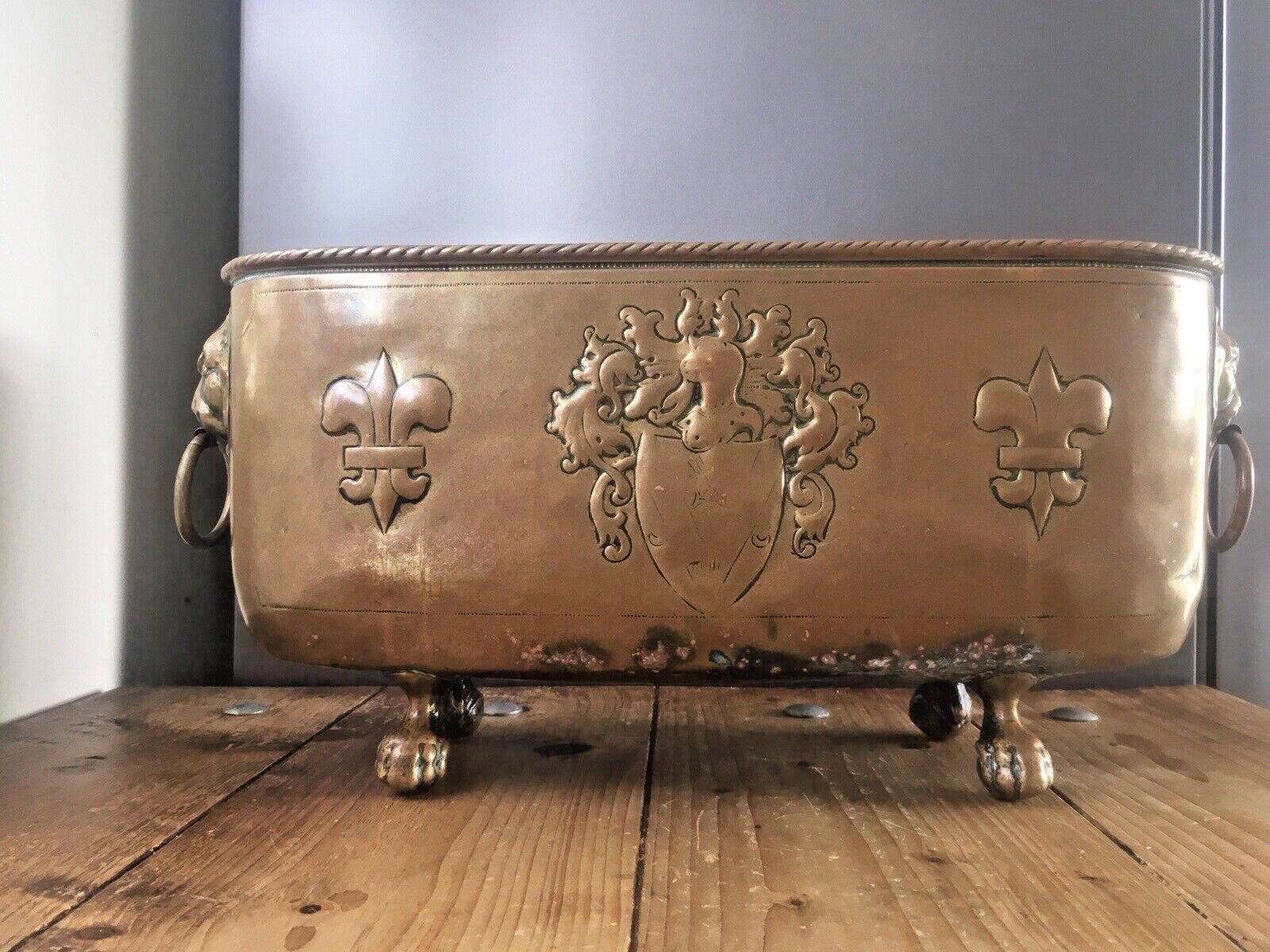 Antique French Armorial Brass Planter Plant Pot Lion Head Mask Handles Claw Ball photo Garden Decor