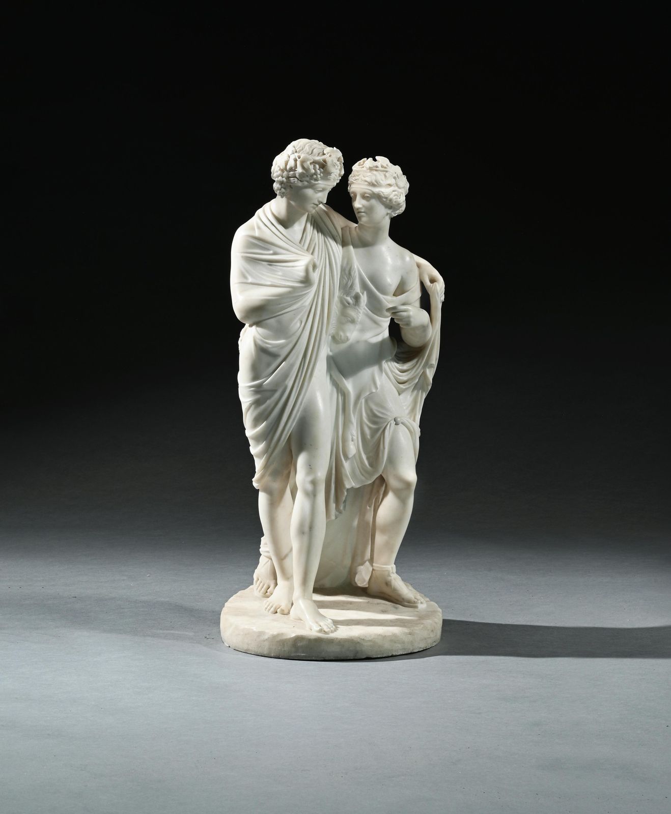 photo furniture Fine Italian Early 19th Century Marble Group Of Bacchus And Ariadne After The Antique, Attributed To Carlo Albacini C.1800