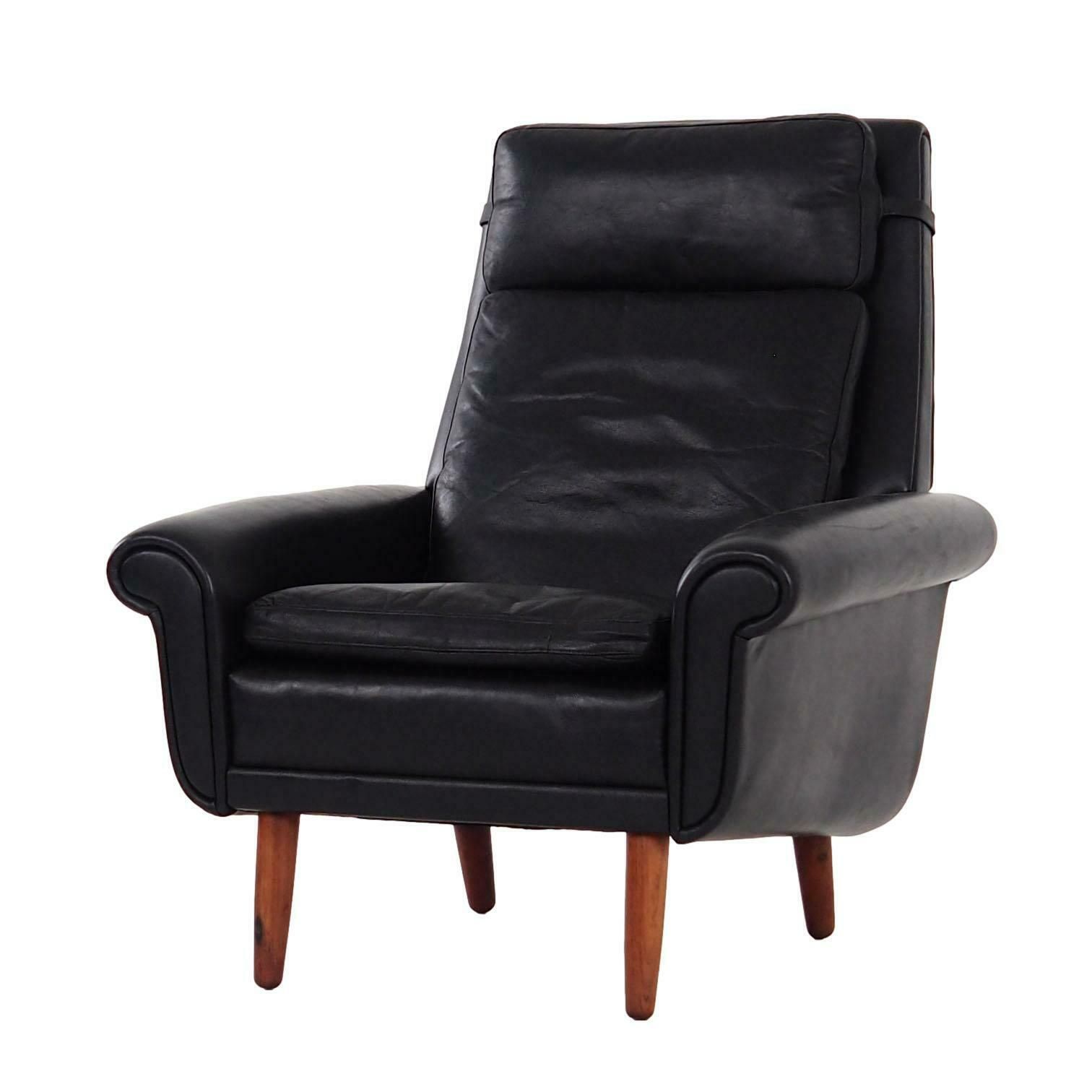 Black Leather Armchair, Danish Design, 1970s, Production: Denmark