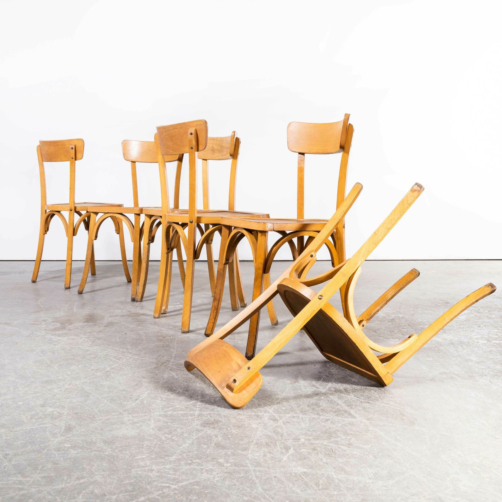 1950’s French Baumann Blonde Kick Leg Bentwood Dining Chairs – Set Of Six