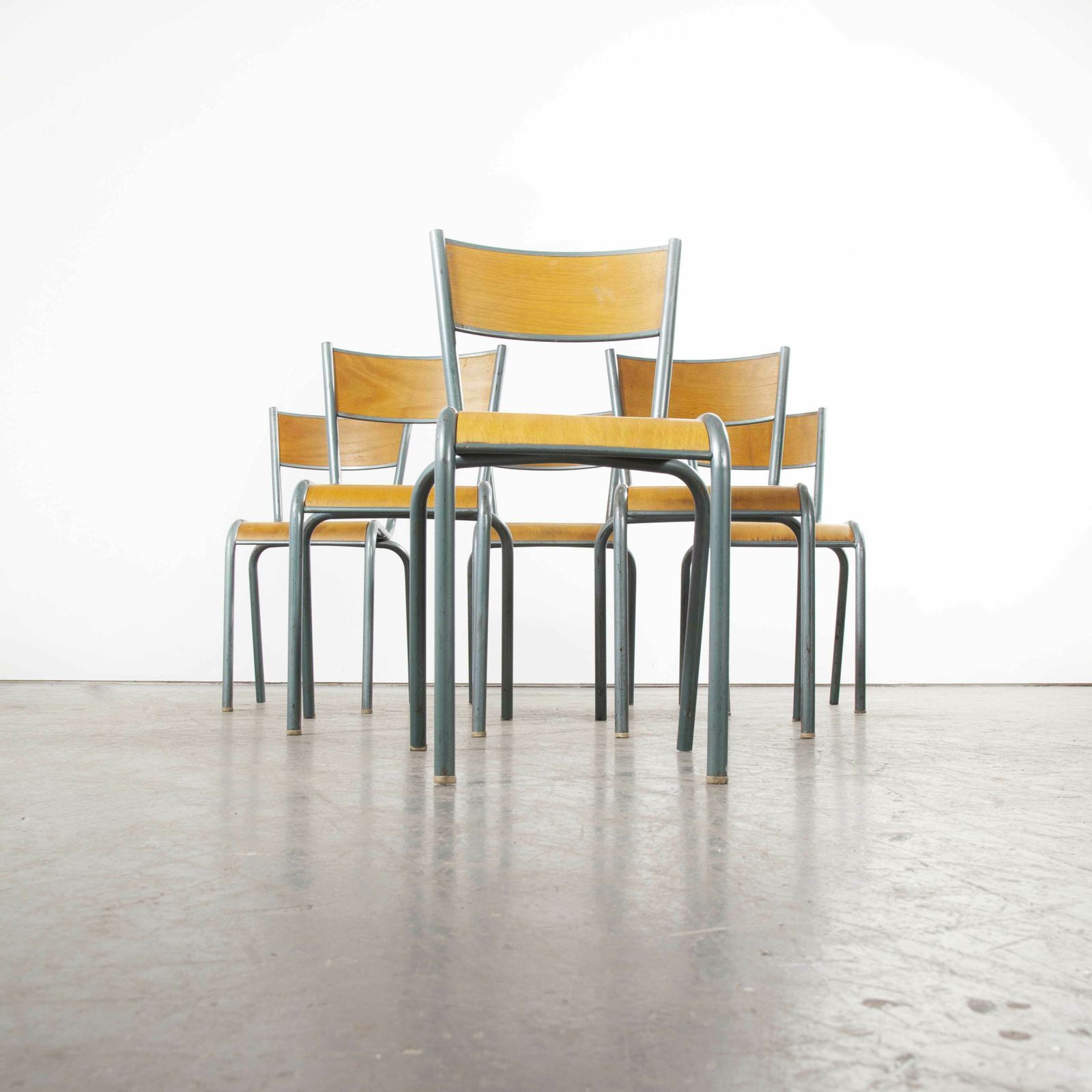 1950’s French Mullca Vintage Stacking School Dining Chairs Aqua Model 510 Set Of Six photo for sale