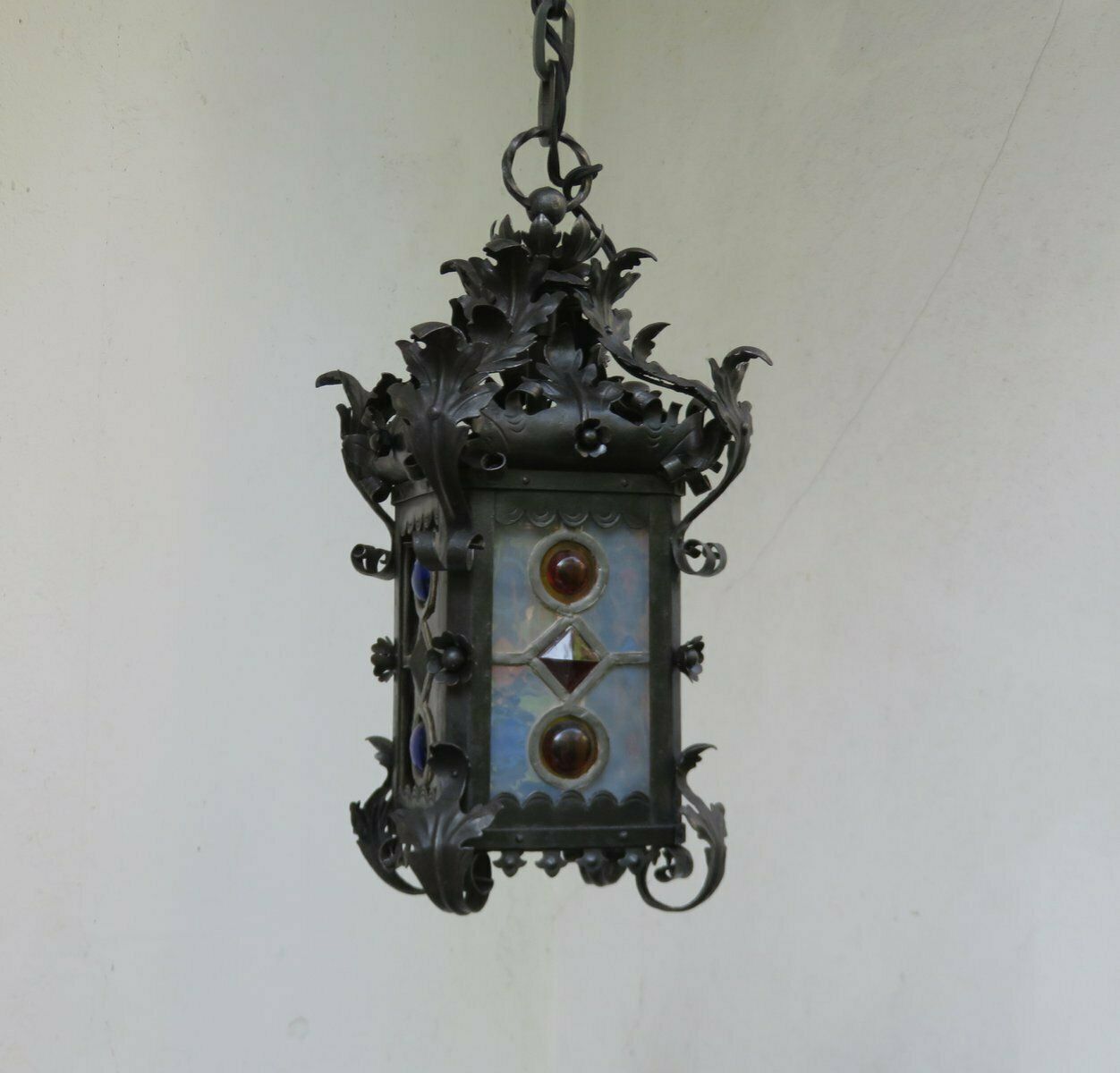 Art Nouveau Arts & Crafts Wrought Iron & Colored Lead Glazing Ceiling Light