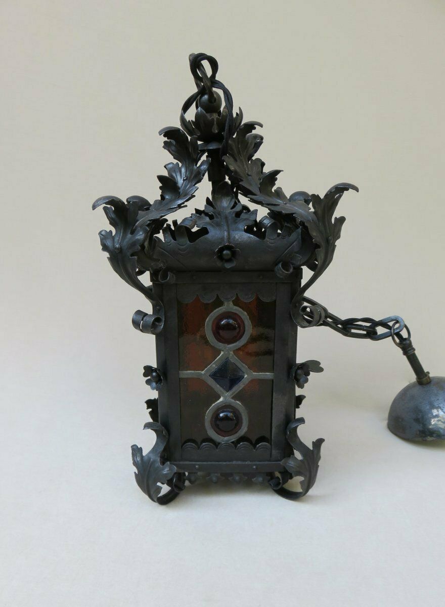 Art Nouveau Arts & Crafts Wrought Iron & Colored Lead Glazing Ceiling Light photo vinterior