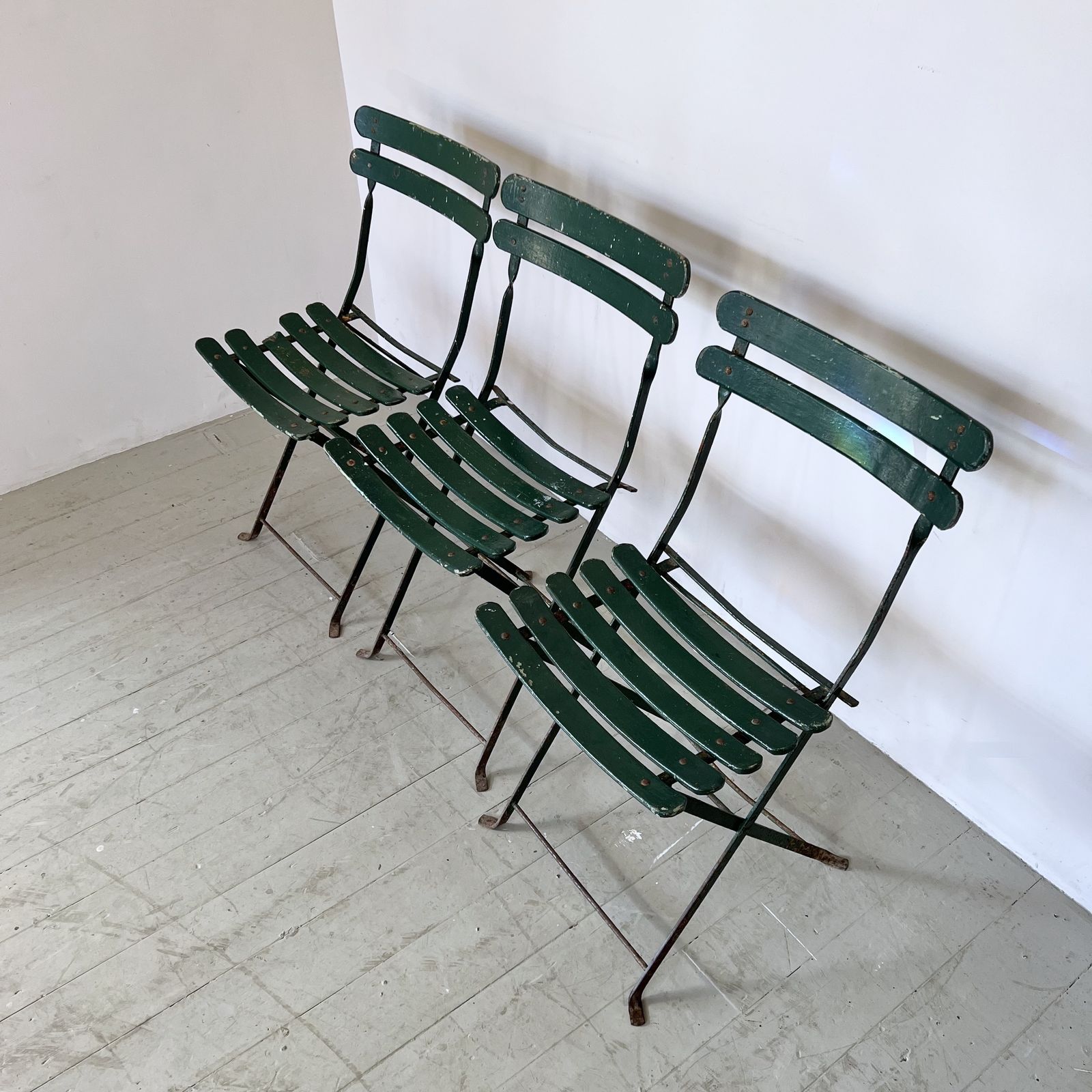 Three French Green Painted Folding Bistro Chairs photo furniture