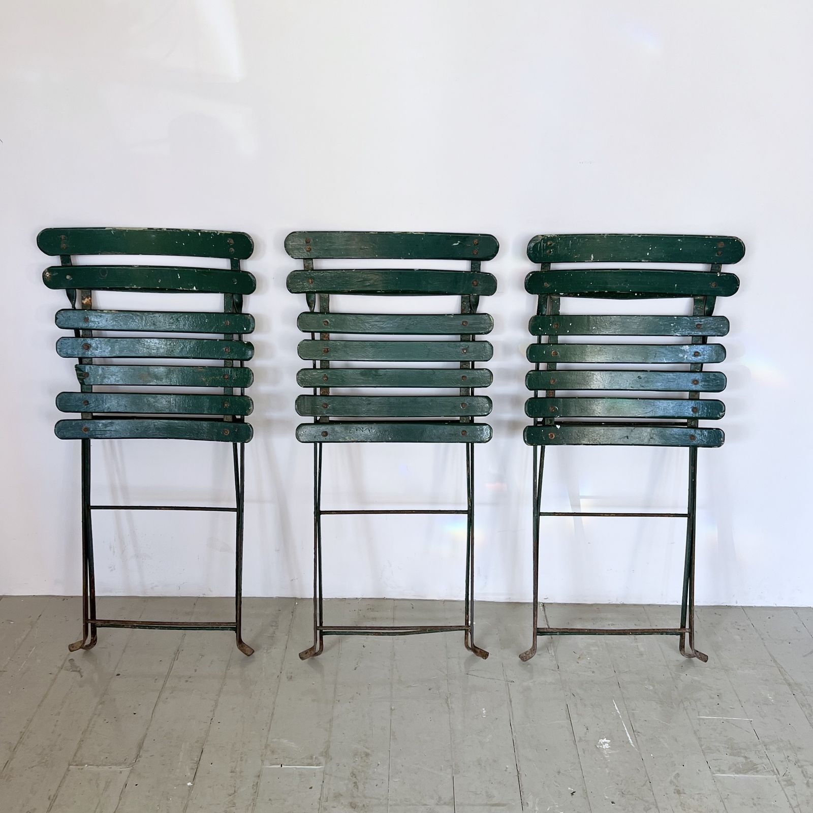 Three French Green Painted Folding Bistro Chairs photo 495.0