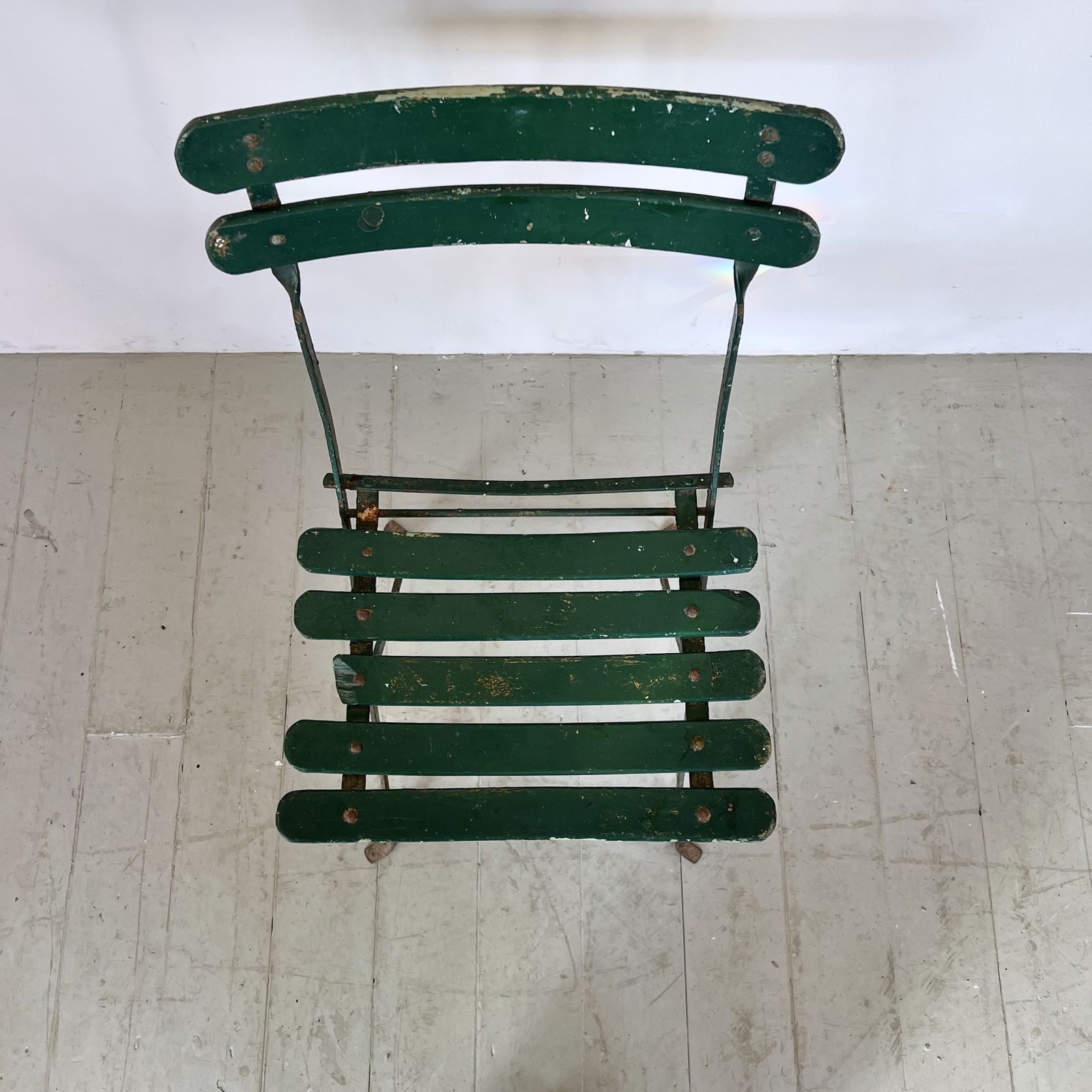photo furniture Three French Green Painted Folding Bistro Chairs