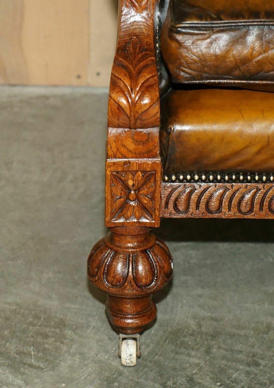 photo for sale Huge Pair Of Antique Victorian Lion Carved Chesterfield Brown Leather Armchairs