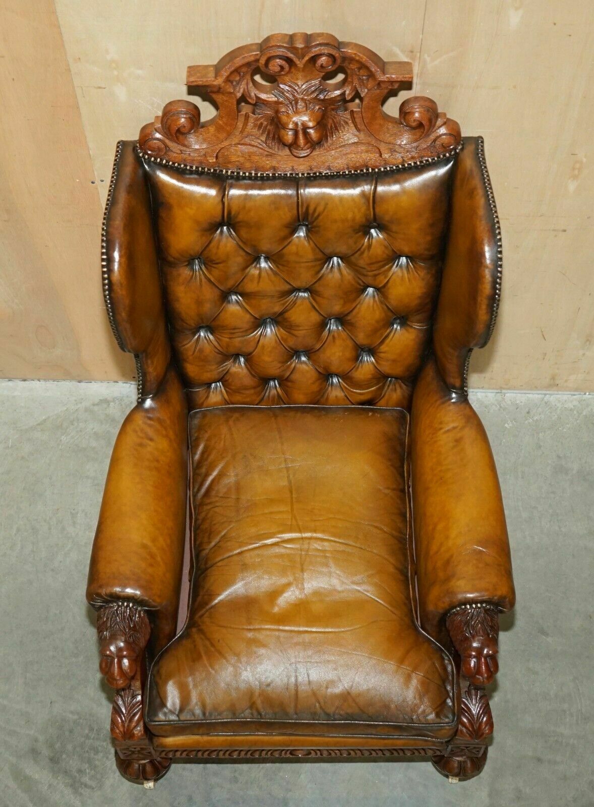 photo buy Huge Pair Of Antique Victorian Lion Carved Chesterfield Brown Leather Armchairs
