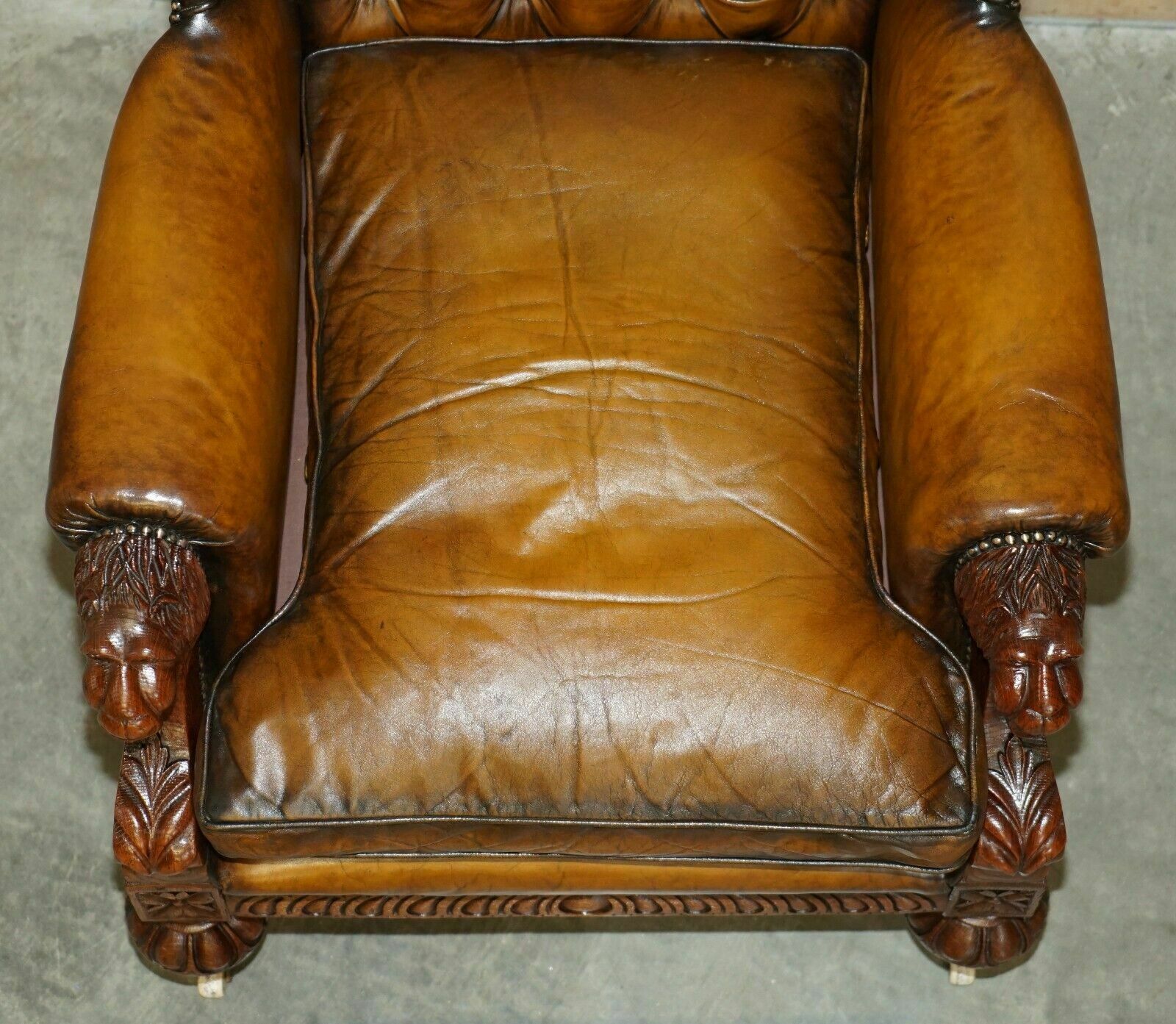 photo vintage Huge Pair Of Antique Victorian Lion Carved Chesterfield Brown Leather Armchairs