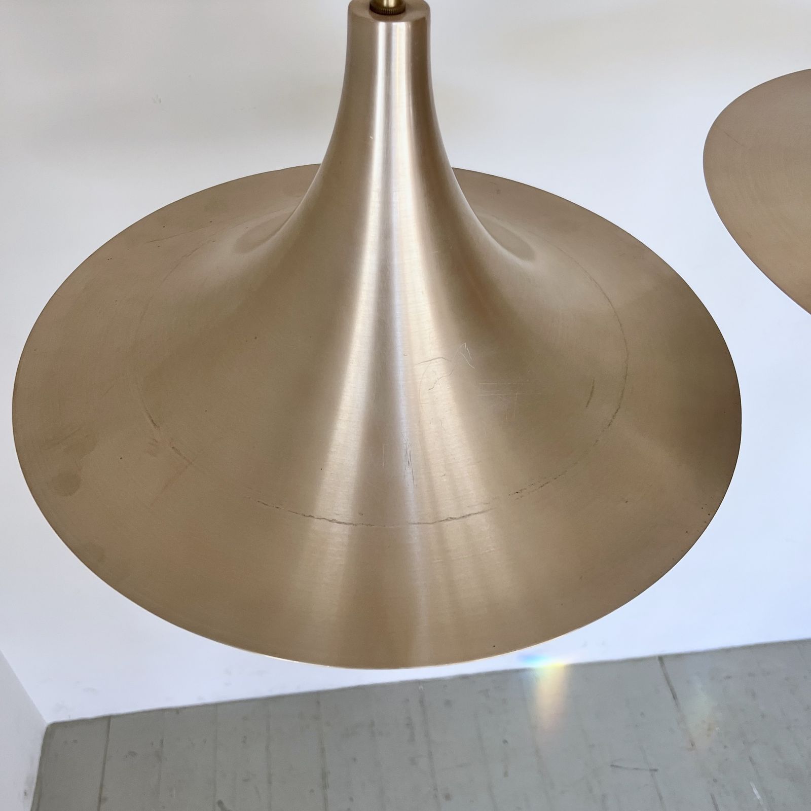Pair Of Mid Century Danish Spun Steel Trumpet Pendants photo Lighting
