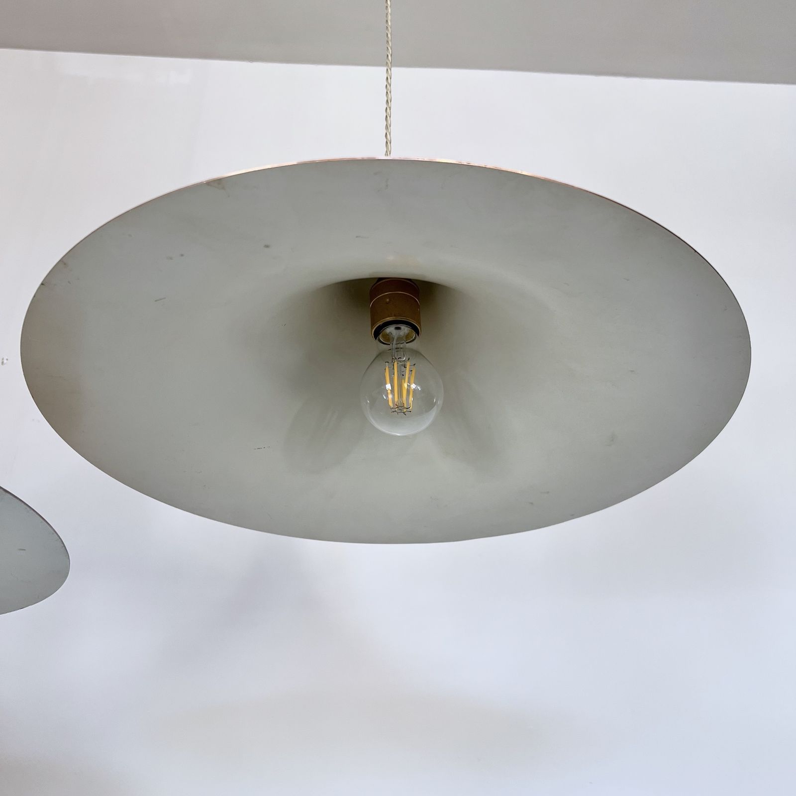 Pair Of Mid Century Danish Spun Steel Trumpet Pendants photo vinterior