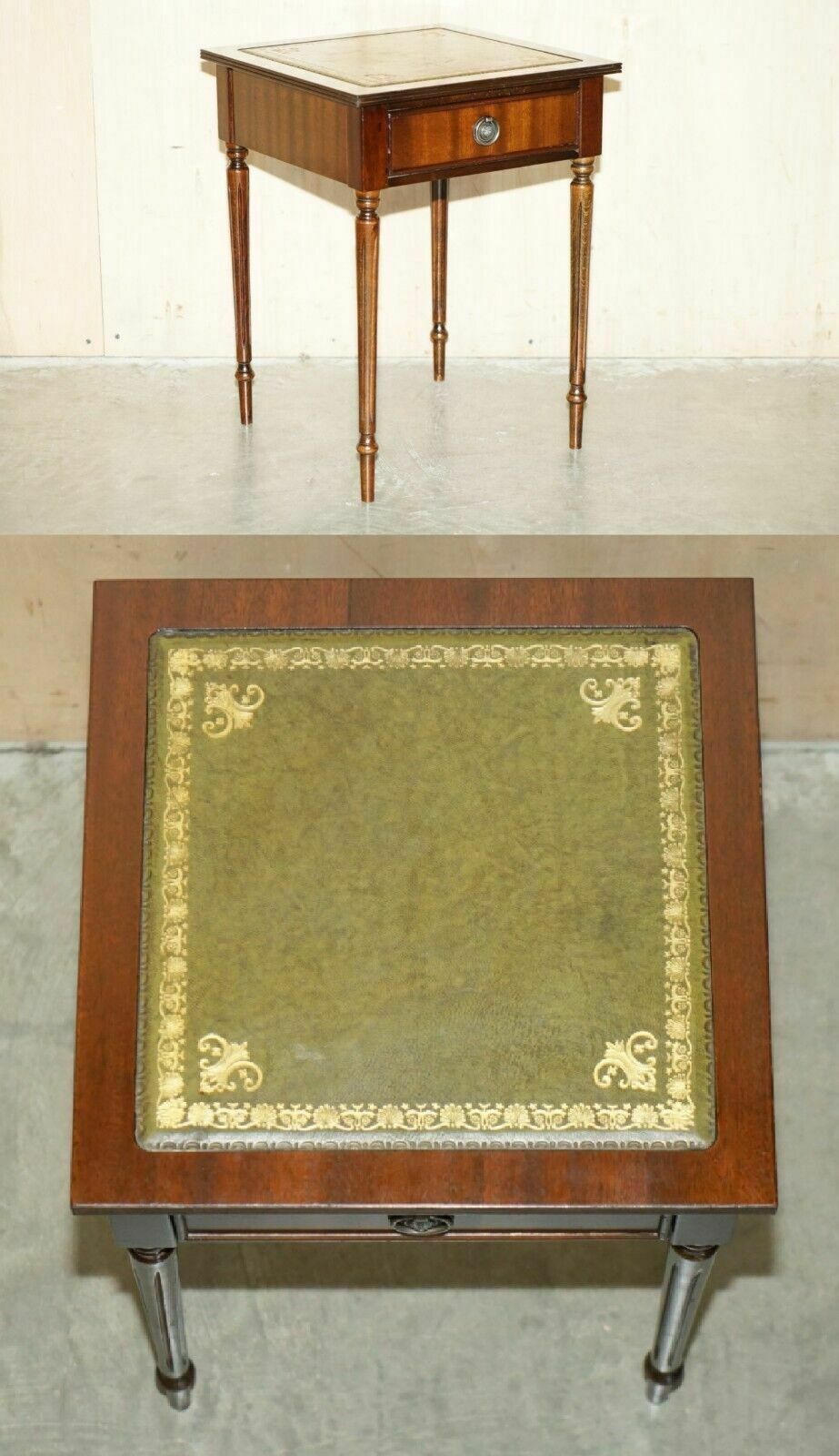 Lovely Vintage Circa 1940's Green Leather Gold Leaf Single Drawer Side Table