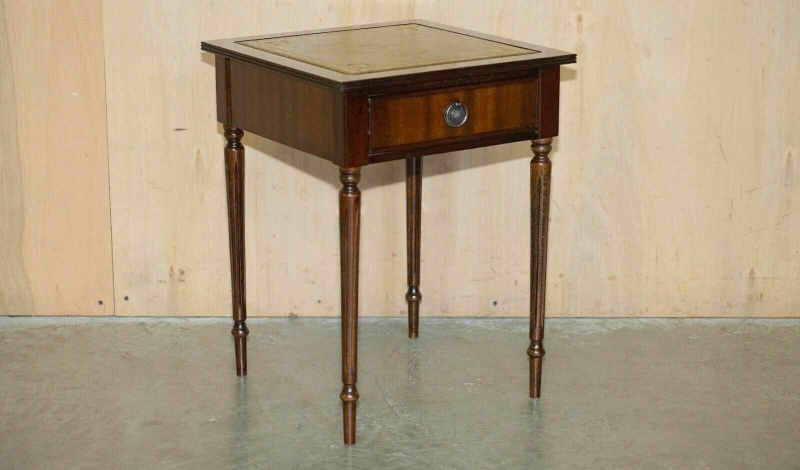 Lovely Vintage Circa 1940's Green Leather Gold Leaf Single Drawer Side Table photo furniture