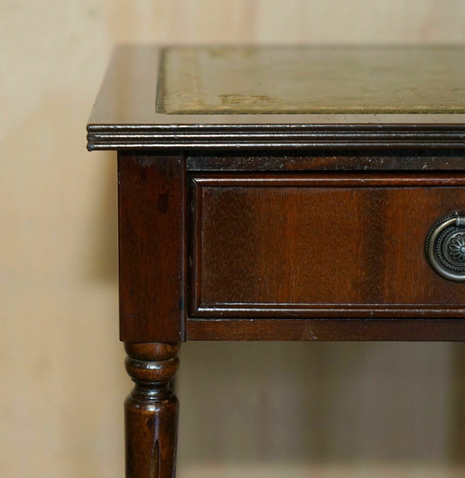 Lovely Vintage Circa 1940's Green Leather Gold Leaf Single Drawer Side Table photo 650.0