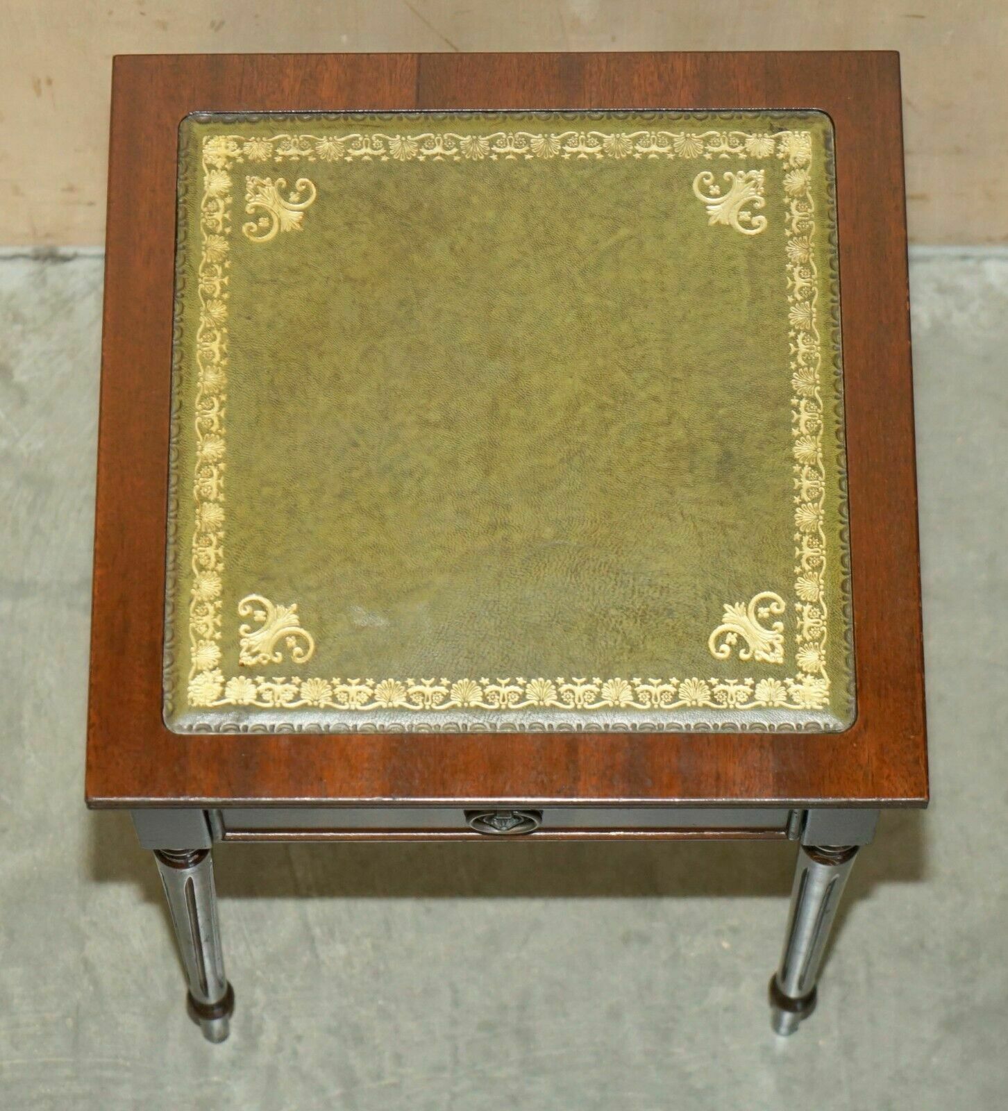photo buy Lovely Vintage Circa 1940's Green Leather Gold Leaf Single Drawer Side Table