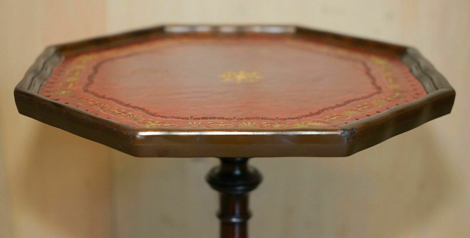 Lovely Gold Leaf Embossed Oxblood Leather Tripod Side End Lamp Wine Table photo Furniture