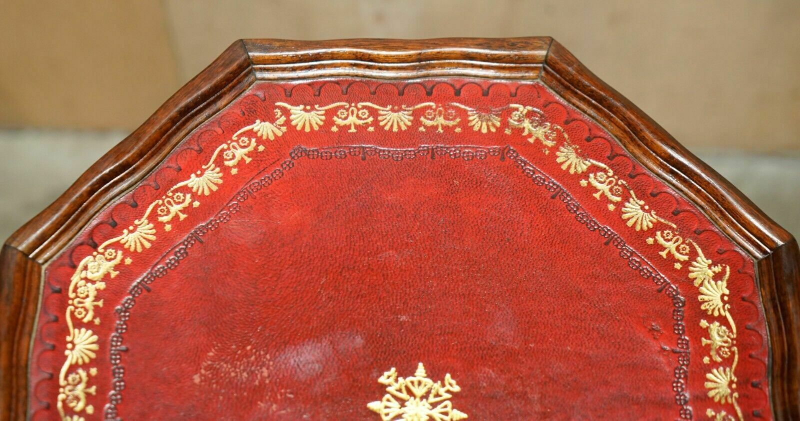 400.0 Lovely Gold Leaf Embossed Oxblood Leather Tripod Side End Lamp Wine Table photo