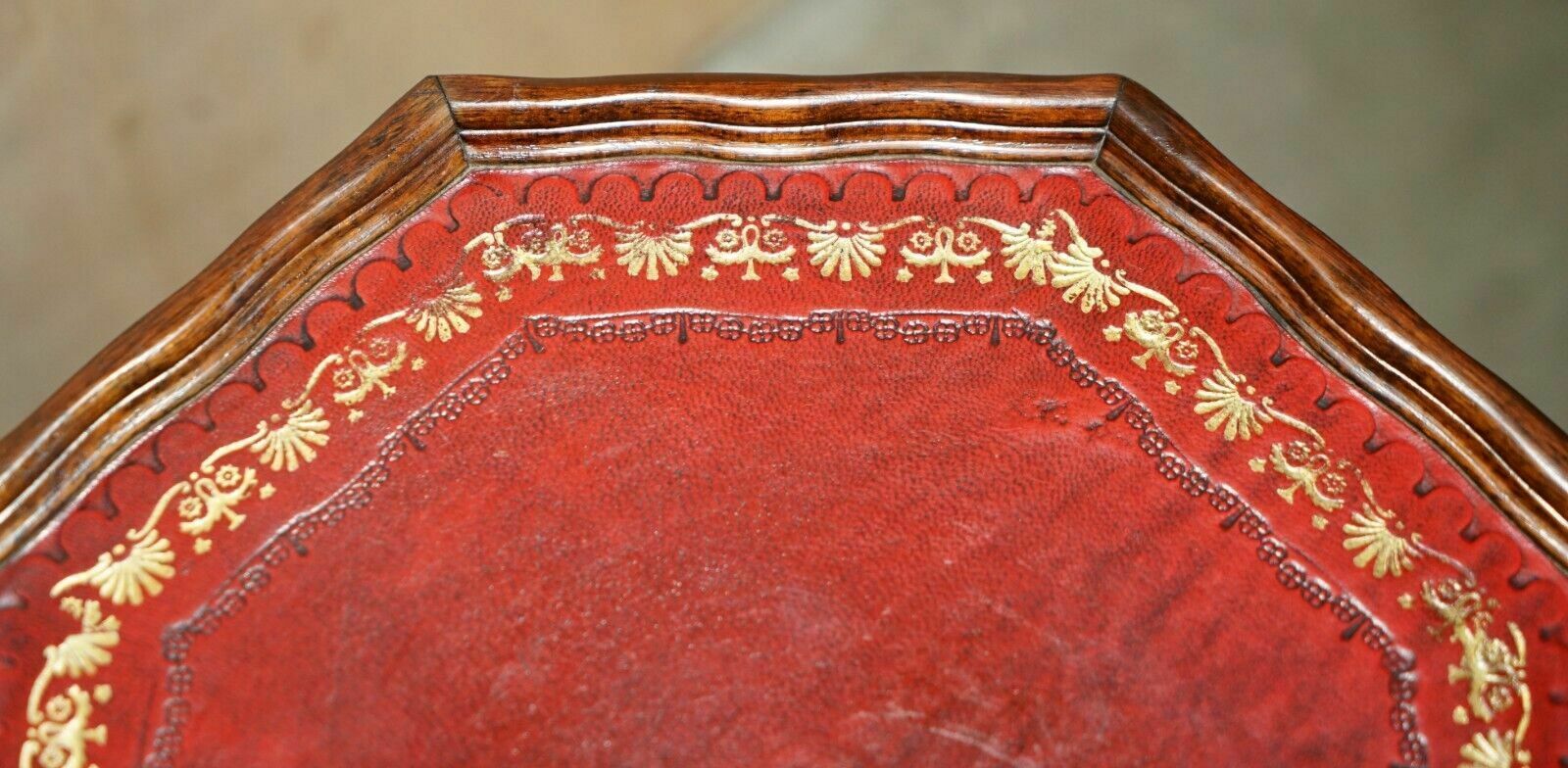 photo buy Lovely Gold Leaf Embossed Oxblood Leather Tripod Side End Lamp Wine Table