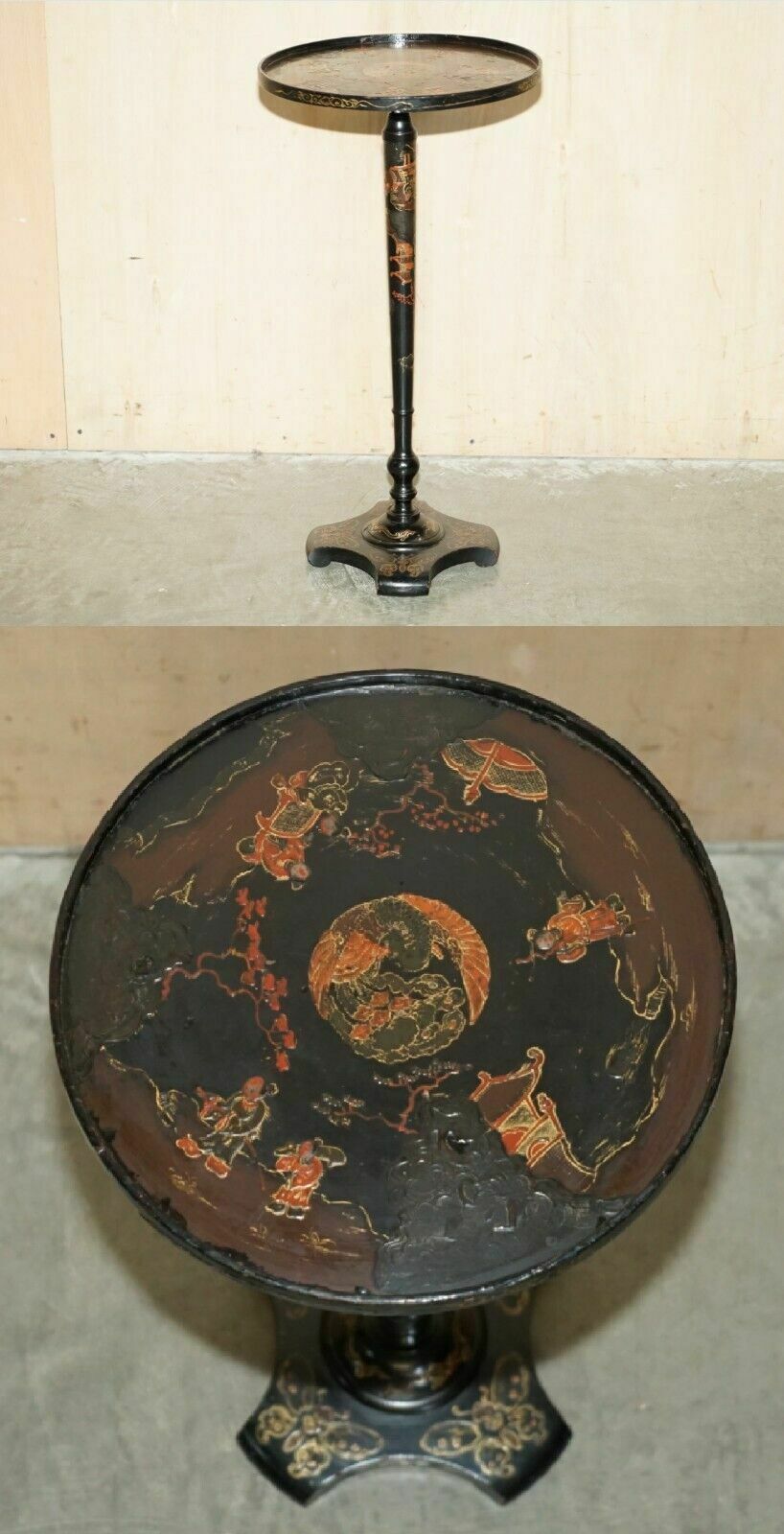 Antique Chinese Chinoiserie Lacquered & Hand Painted Side End Lamp Wine Table