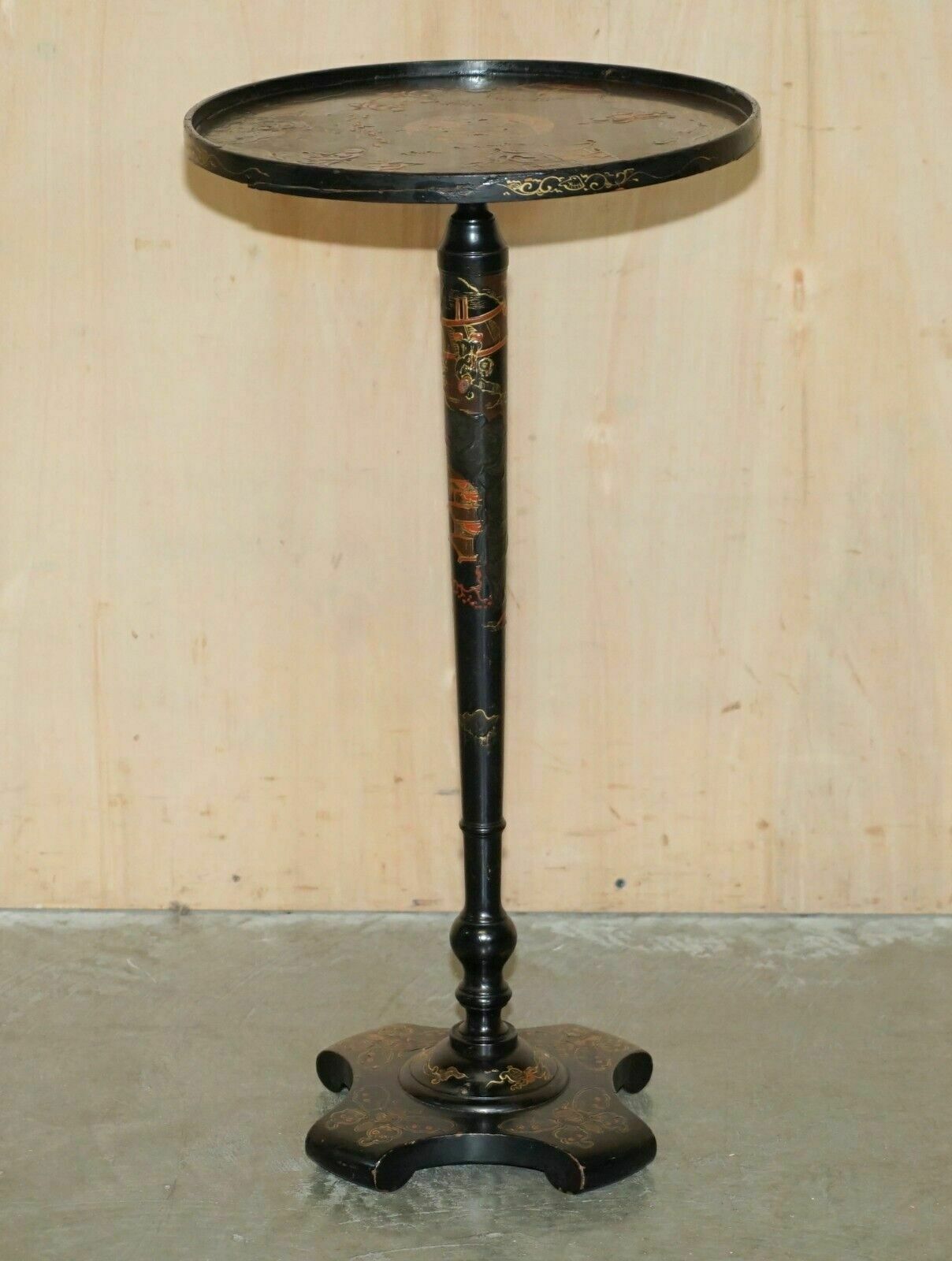 Antique Chinese Chinoiserie Lacquered & Hand Painted Side End Lamp Wine Table photo for sale