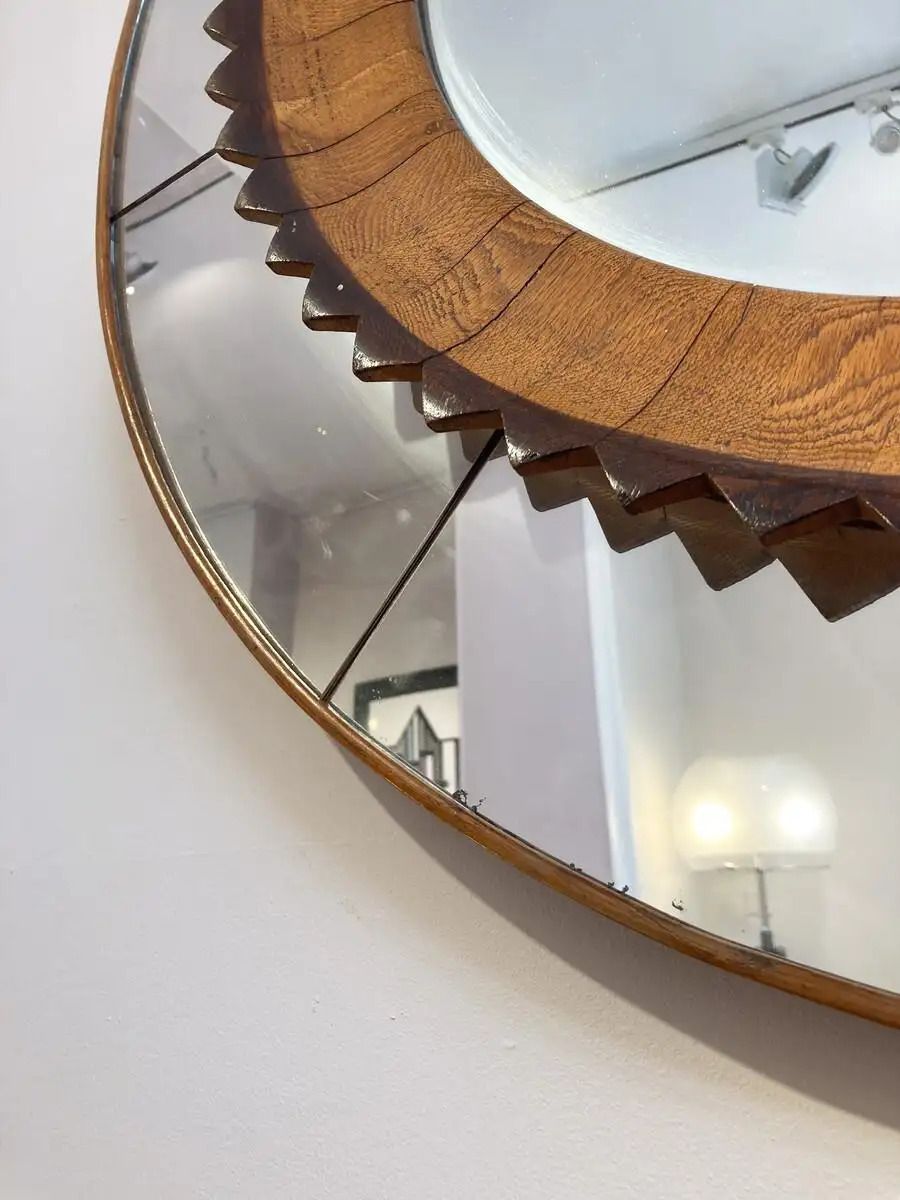 Mid Century Modern Circular Walnut Wall Mirror By Fratelli Marelli, Italy, 1950s photo for sale