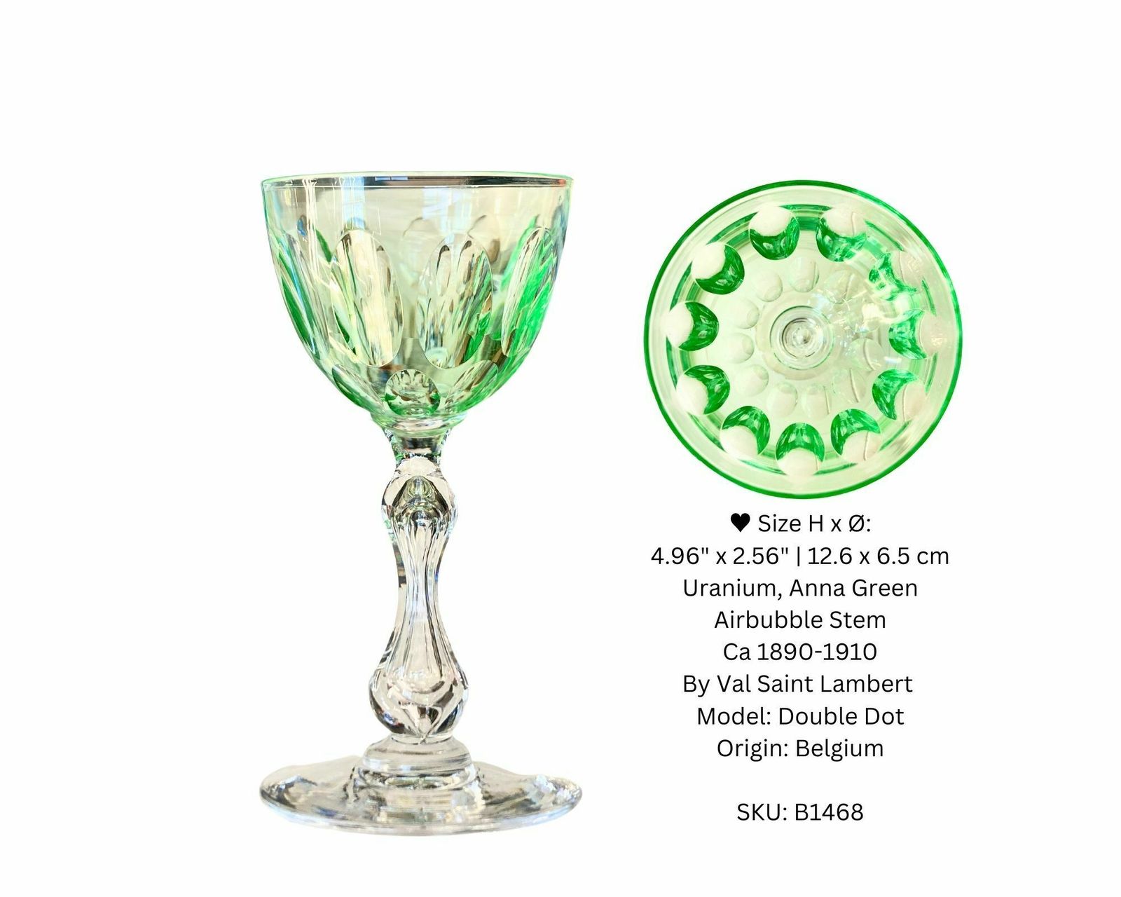 Uranium Wine Glass | Anna Green | 1pcs| Air Bubble Stemmed Glass | Val Saint Lambert | 1900