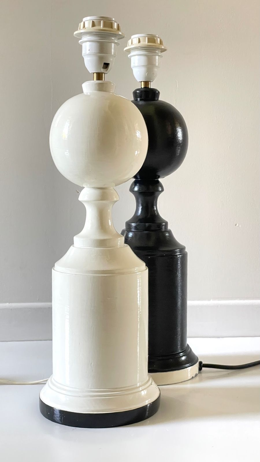 Pair Of Black And White Vintage Wooden Lamp Stands