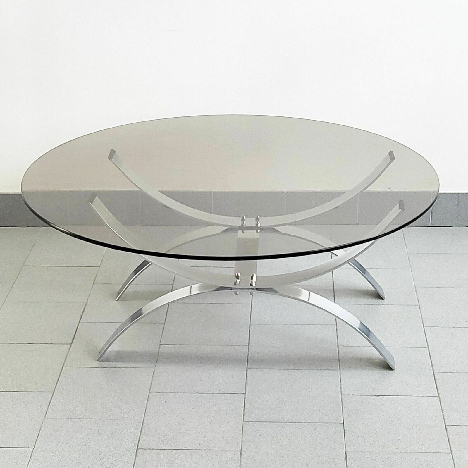 Vintage 1970 Space Age Chrome Steel & Smoke Glass Coffee Table 70s 190s Retro