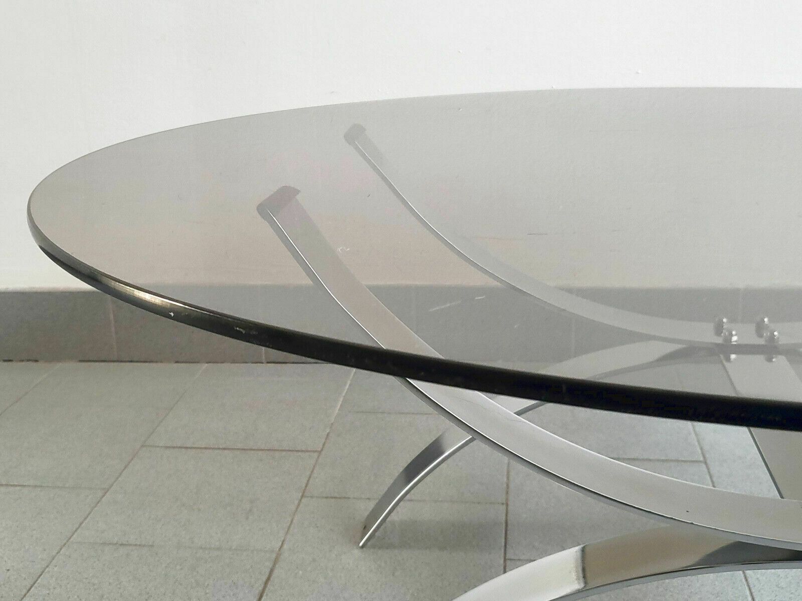 photo furniture Vintage 1970 Space Age Chrome Steel & Smoke Glass Coffee Table 70s 190s Retro