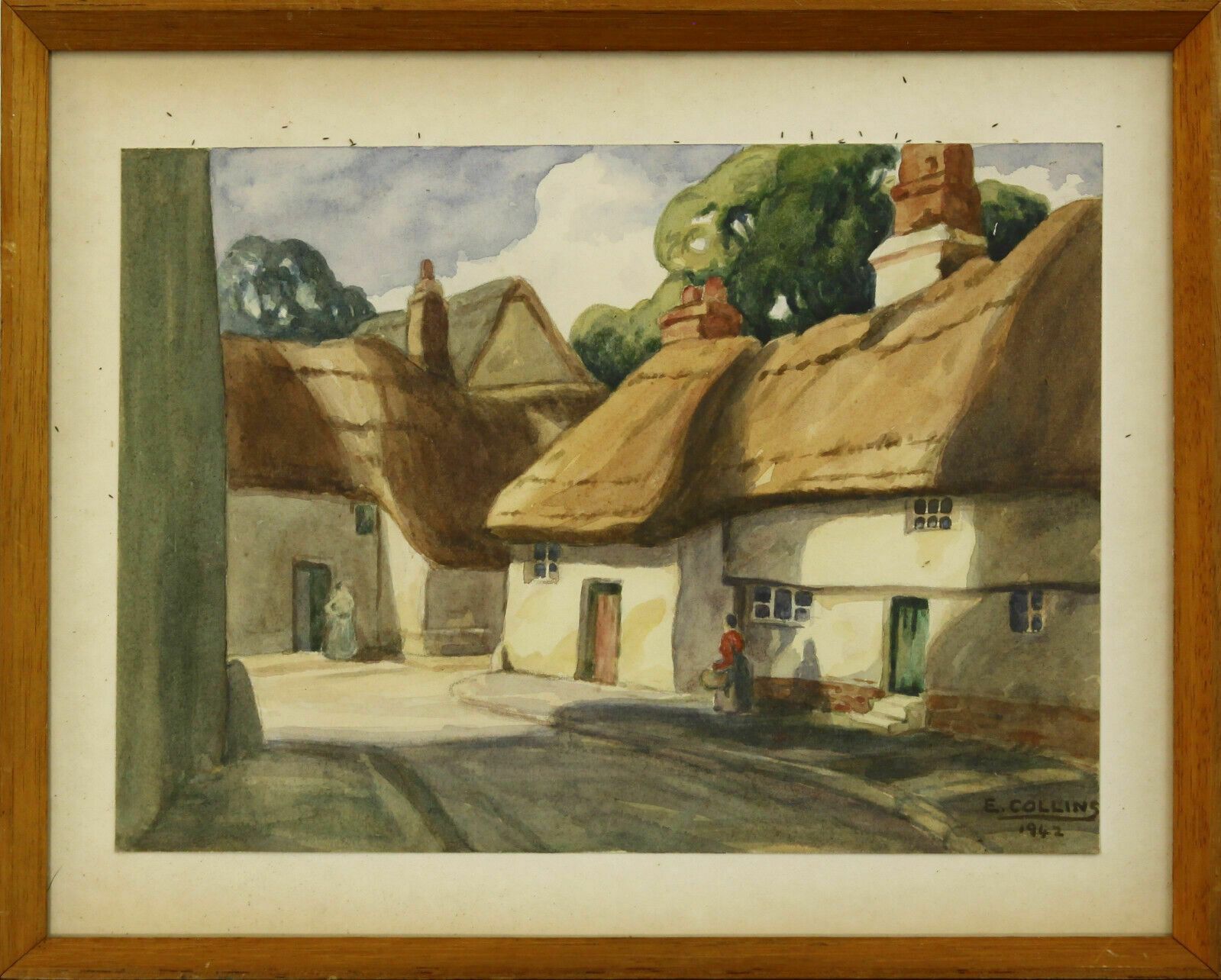 Watercolour By E Collins. Thatched Cottages