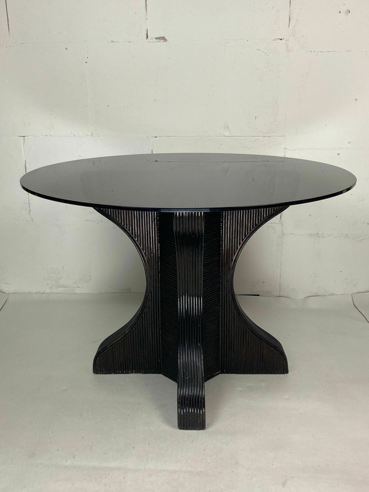 Pencil Reed Rattan Bamboo Dining Or Side Table Base With Smoked Glass Top, 1970s photo for sale