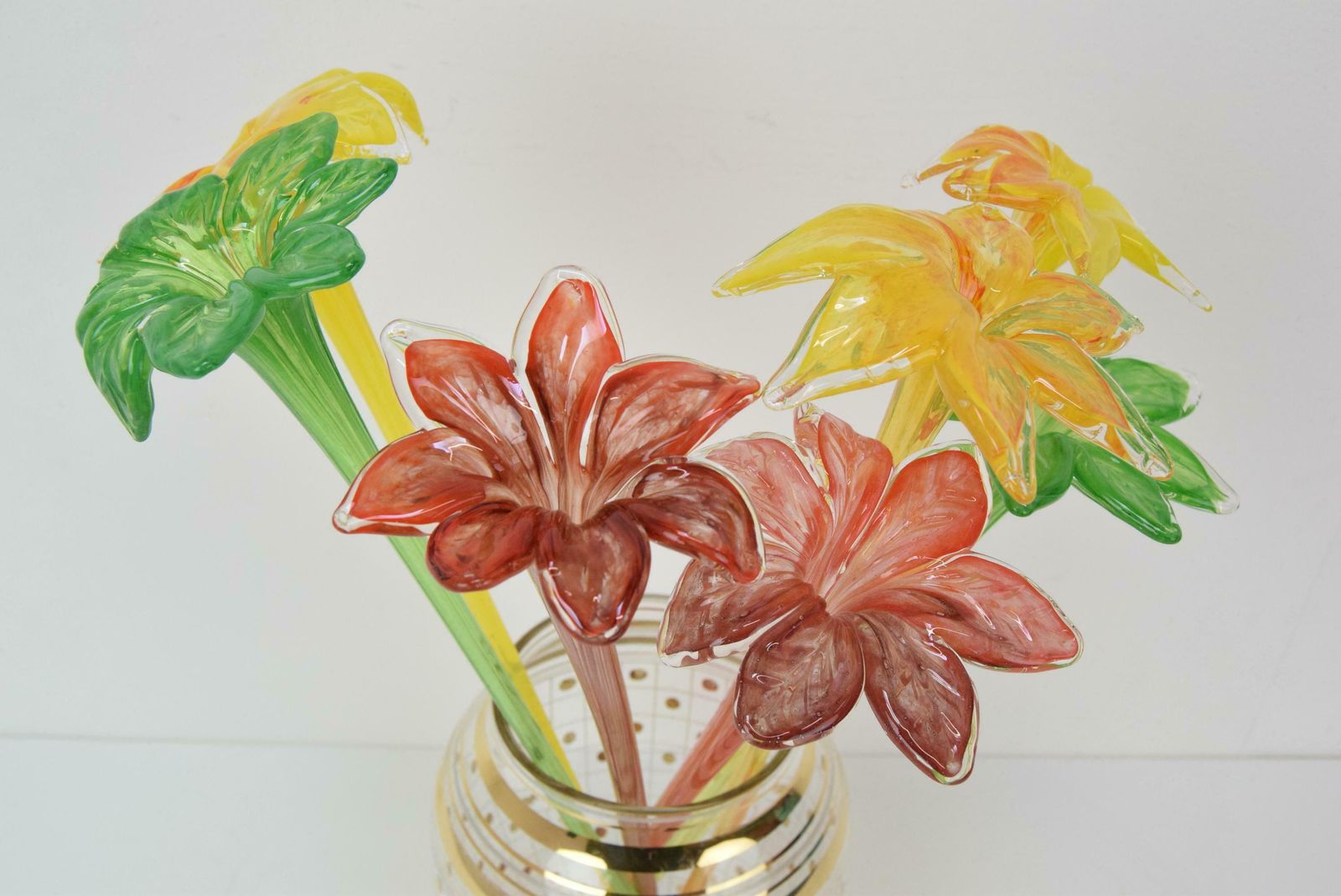 Set Of Seven Glass Flowers, Glasswork Novy Bor, 1950's. photo for sale
