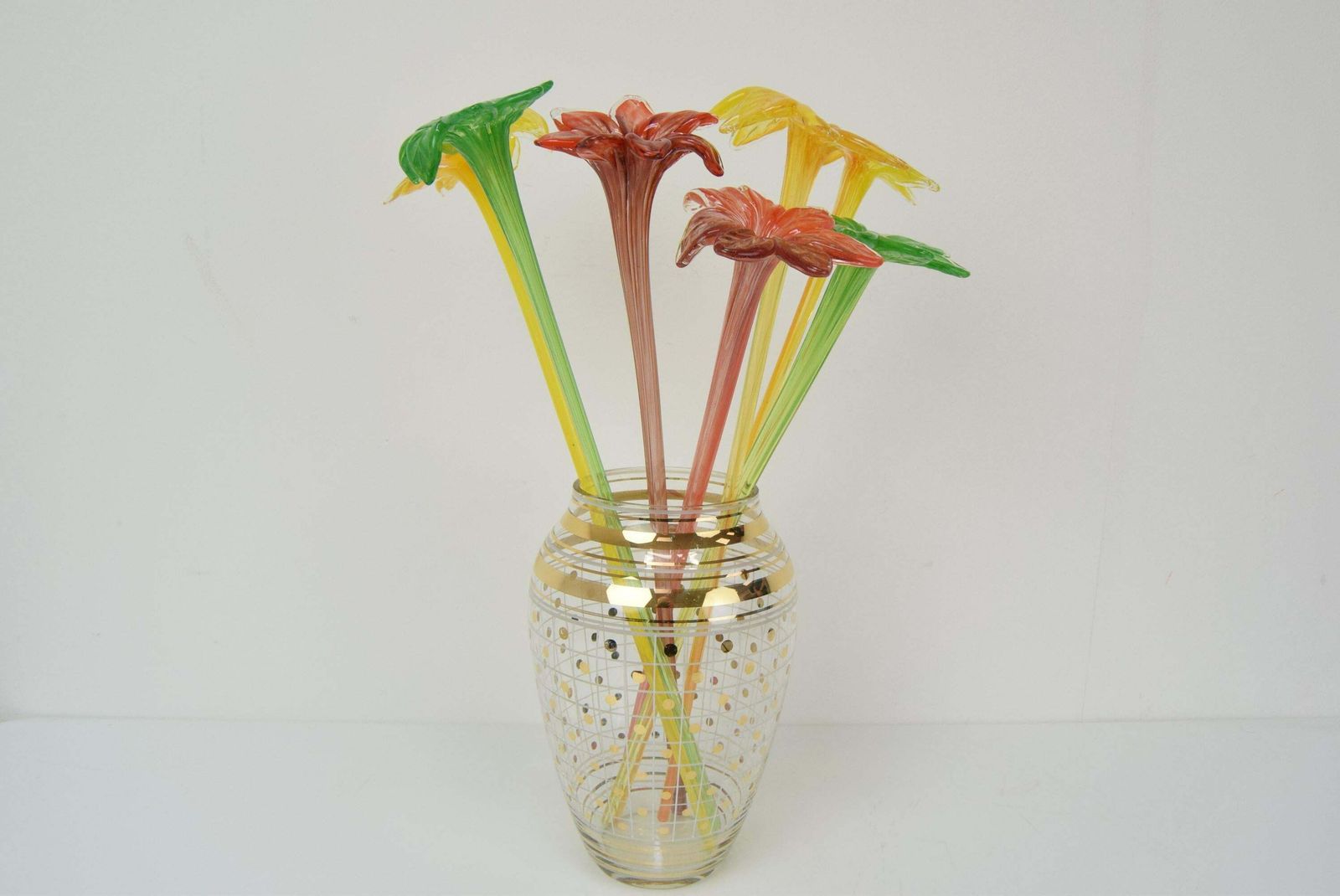 Set Of Seven Glass Flowers, Glasswork Novy Bor, 1950's. photo Home Decor